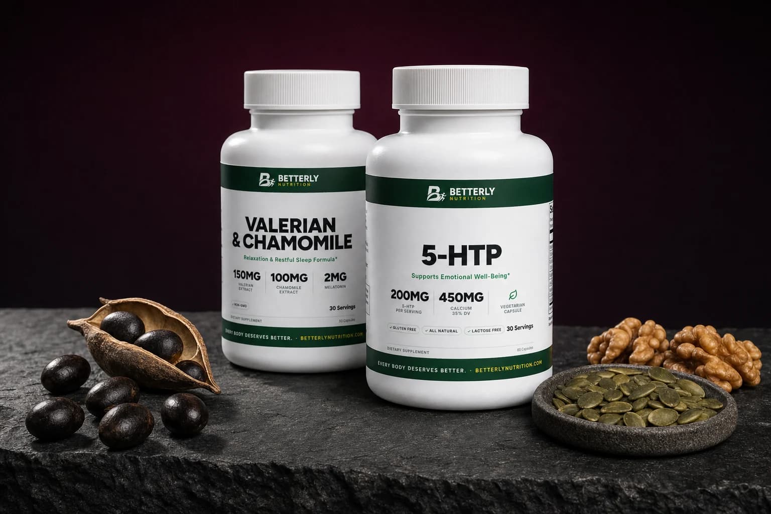 5-HTP Capsules and Valerian & Chamomile Sleep Capsules bottles on dark stone with dark seeds and a split pod, pumpkin seeds and walnuts
