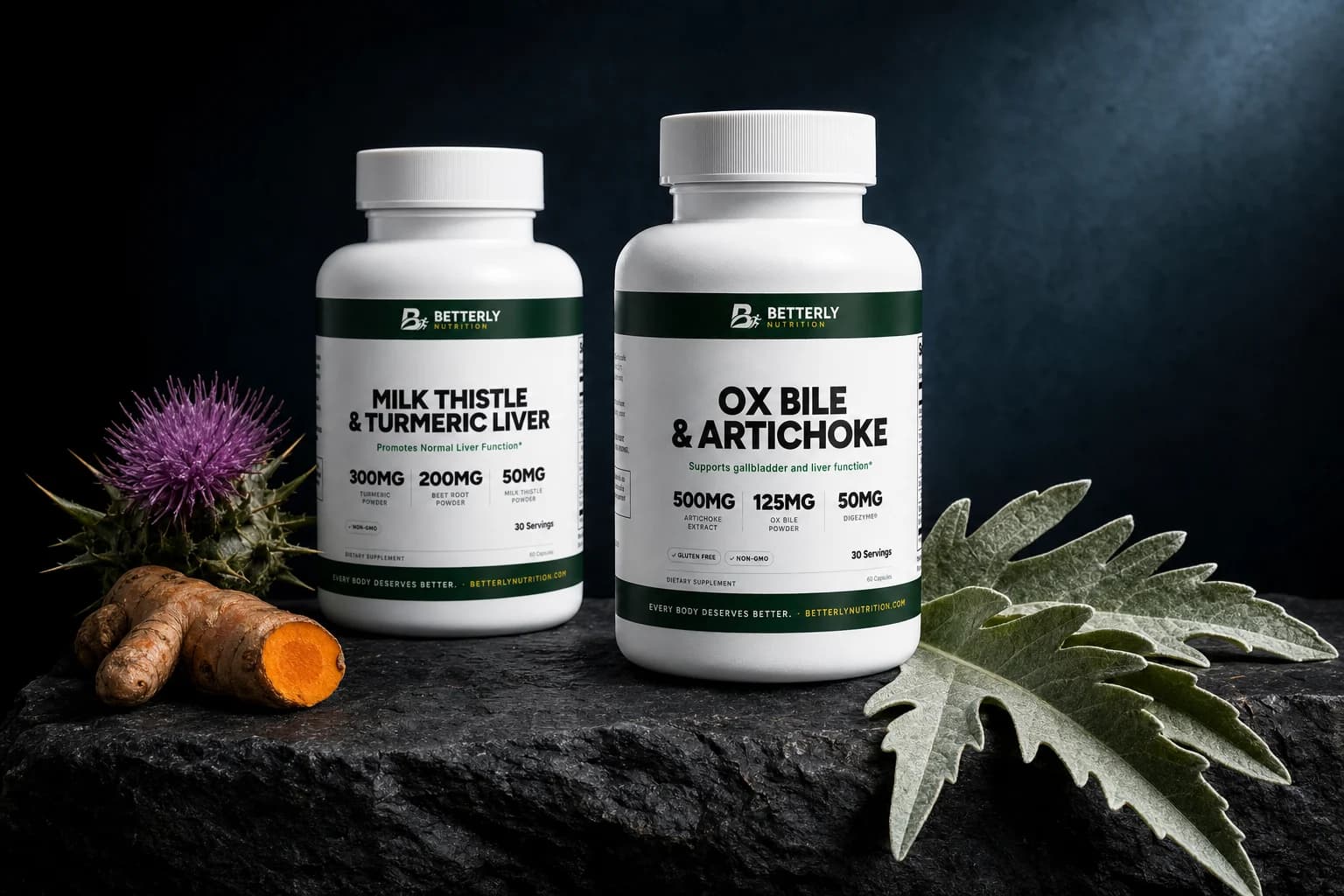 Ox Bile & Artichoke and Milk Thistle & Turmeric Liver bottles on dark stone with artichoke leaves, a milk thistle flower and cut turmeric