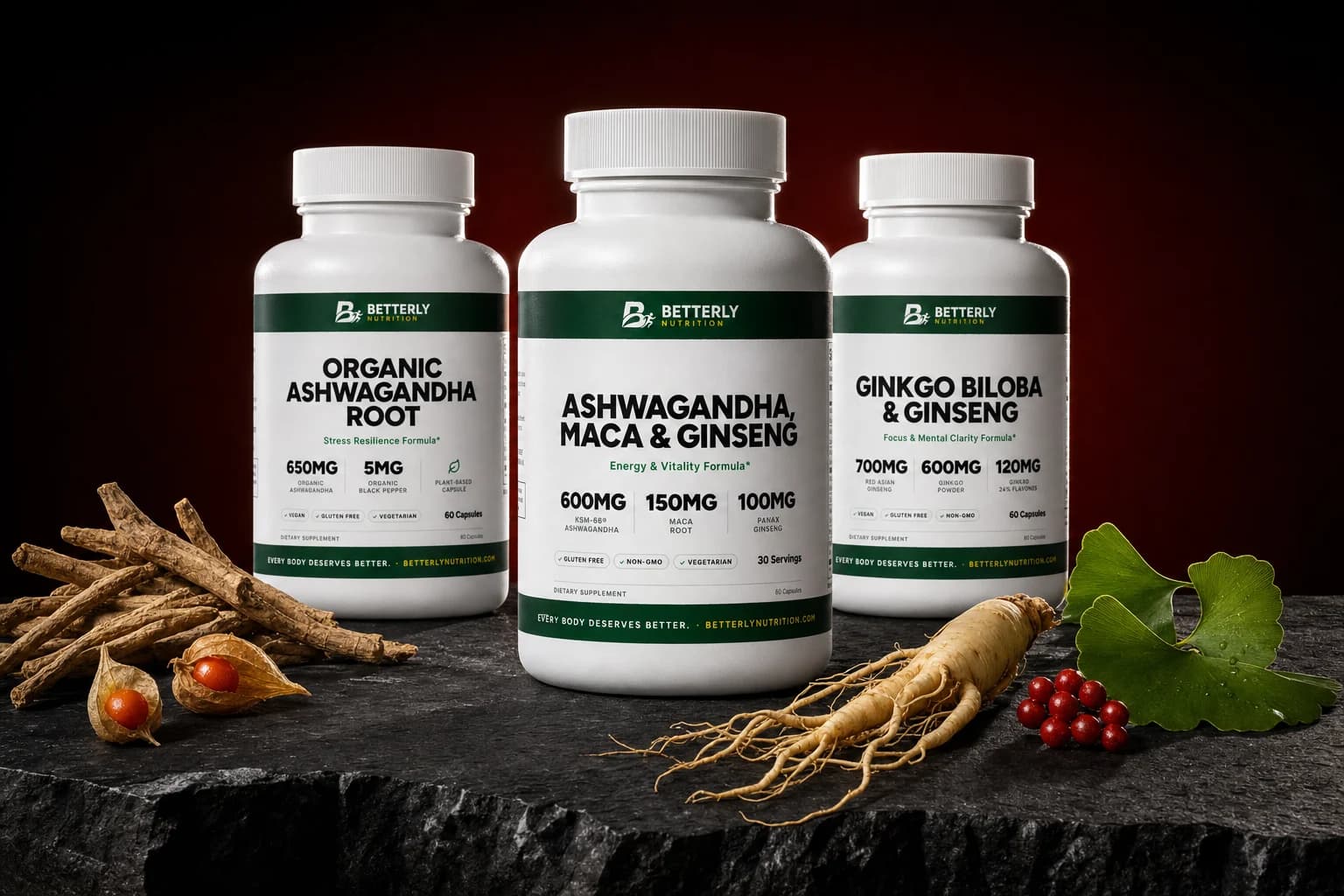 Ashwagandha, Maca & Ginseng bottle between Organic Ashwagandha Root and Ginkgo Biloba & Ginseng bottles on dark stone with a ginseng root