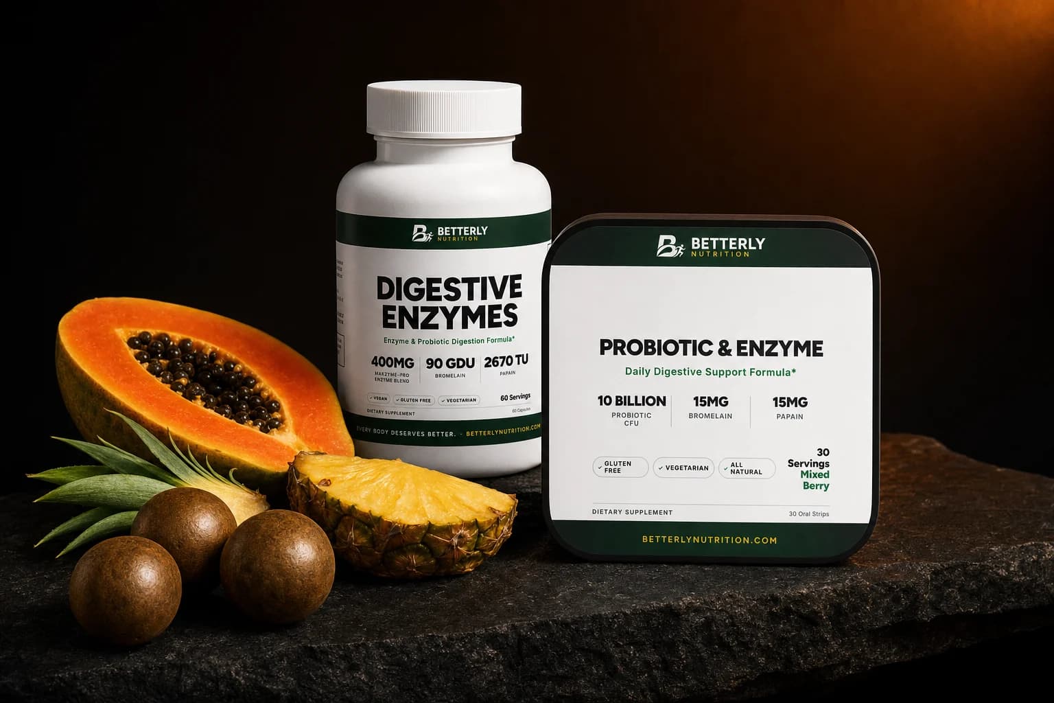 Digestive Enzymes bottle and Probiotic & Enzyme strip tin on dark stone beside a halved papaya, pineapple wedge and three monk fruit
