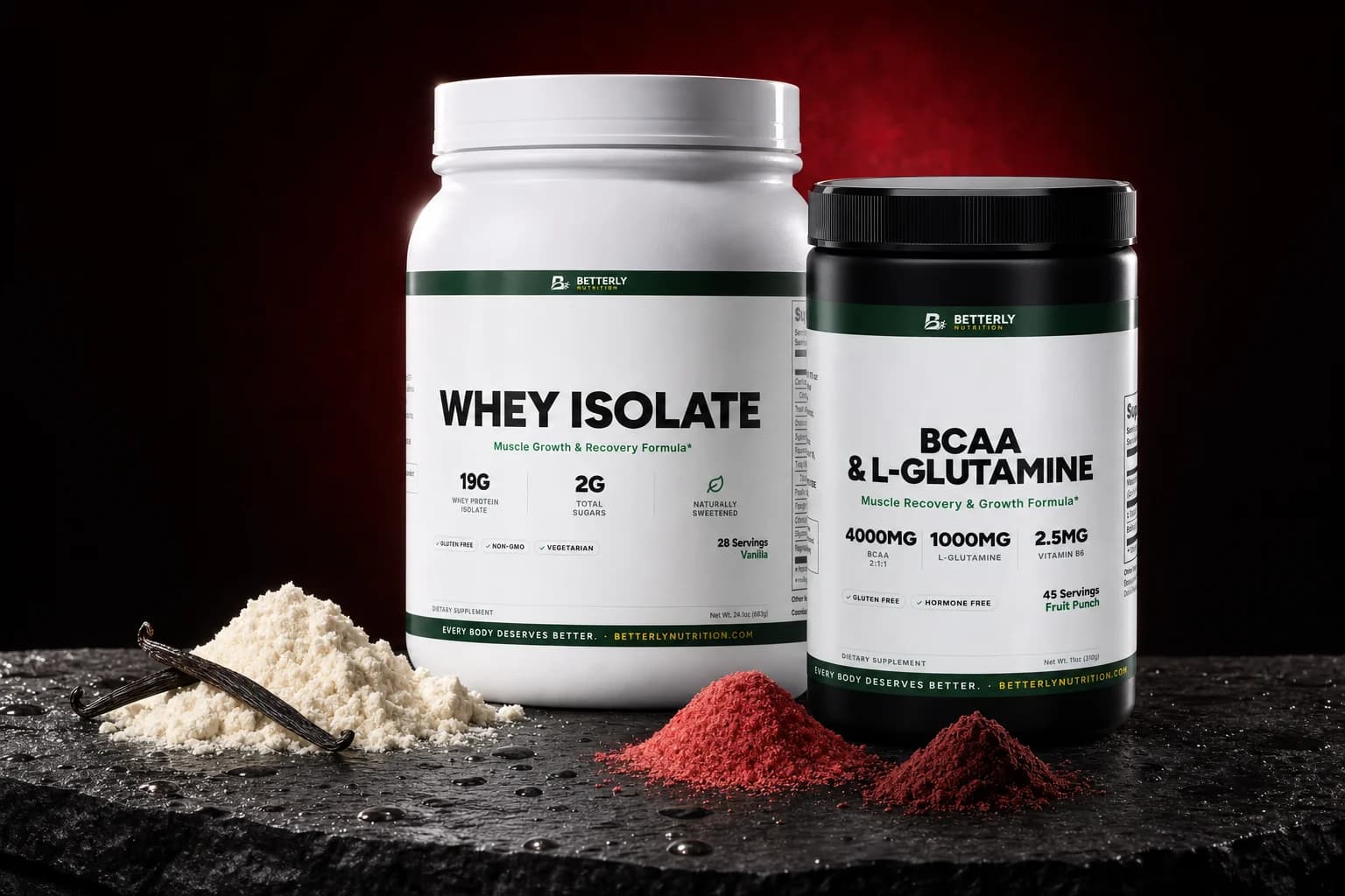 White Whey Isolate tub and black BCAA & L-Glutamine tub on wet dark stone with cream protein powder, vanilla pods and two red powders