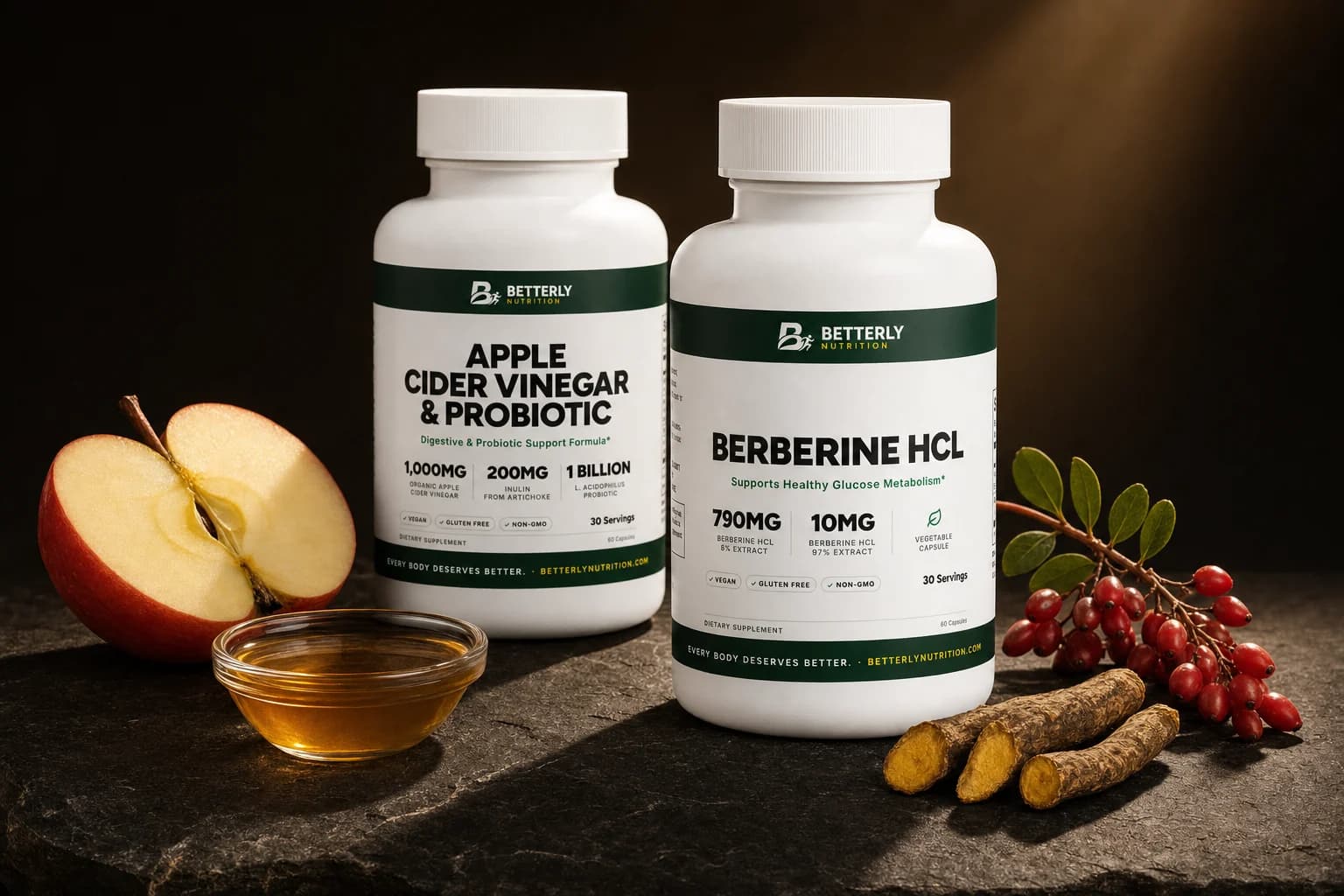 Berberine HCl and Apple Cider Vinegar & Probiotic bottles on dark stone with a halved apple, vinegar dish, barberries and yellow-cored roots