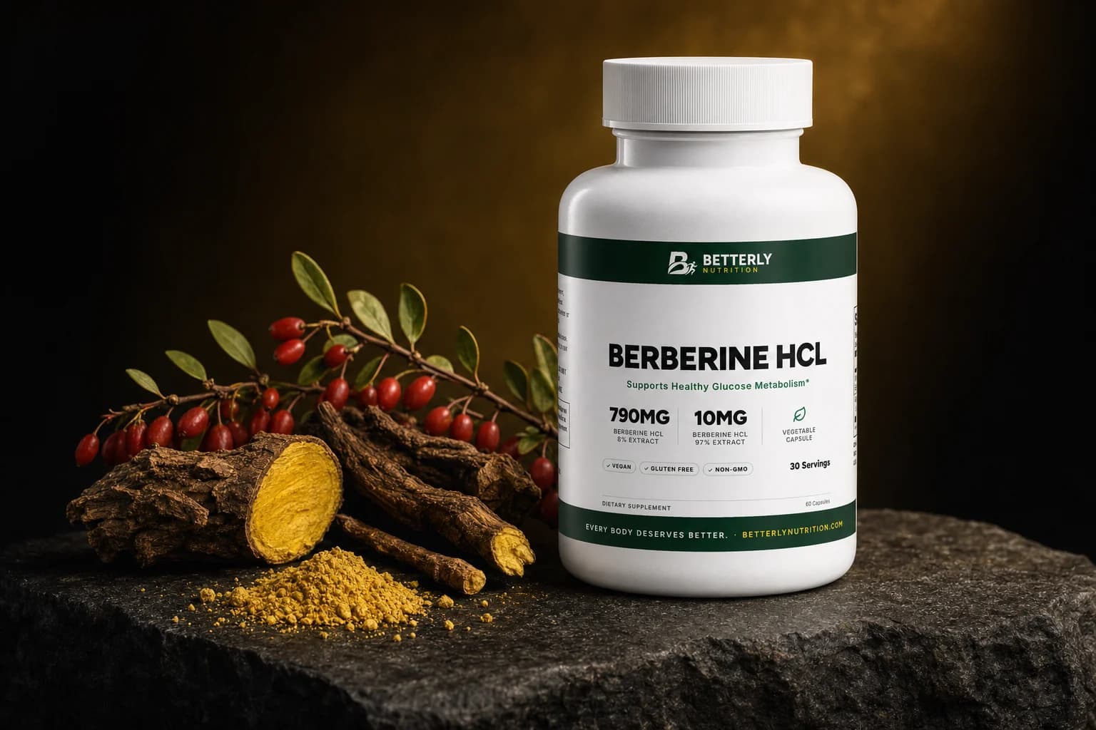 Berberine HCl bottle on dark stone beside a red-berried barberry branch, bark and root pieces with yellow cores and yellow powder
