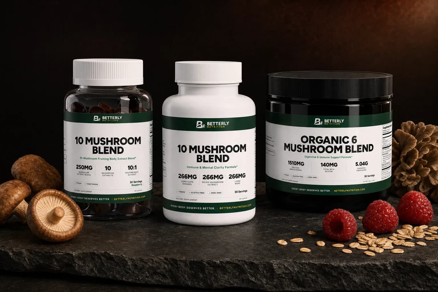 10 Mushroom Blend gummy and capsule bottles beside an Organic 6 Mushroom Blend tub on slate with shiitake, maitake and raspberries