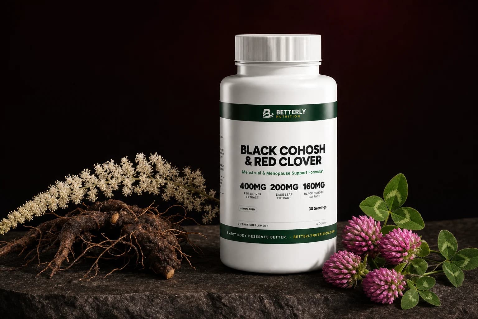 Black Cohosh & Red Clover capsule bottle on dark granite, a knotted black cohosh root and white flower spike left, pink clover right