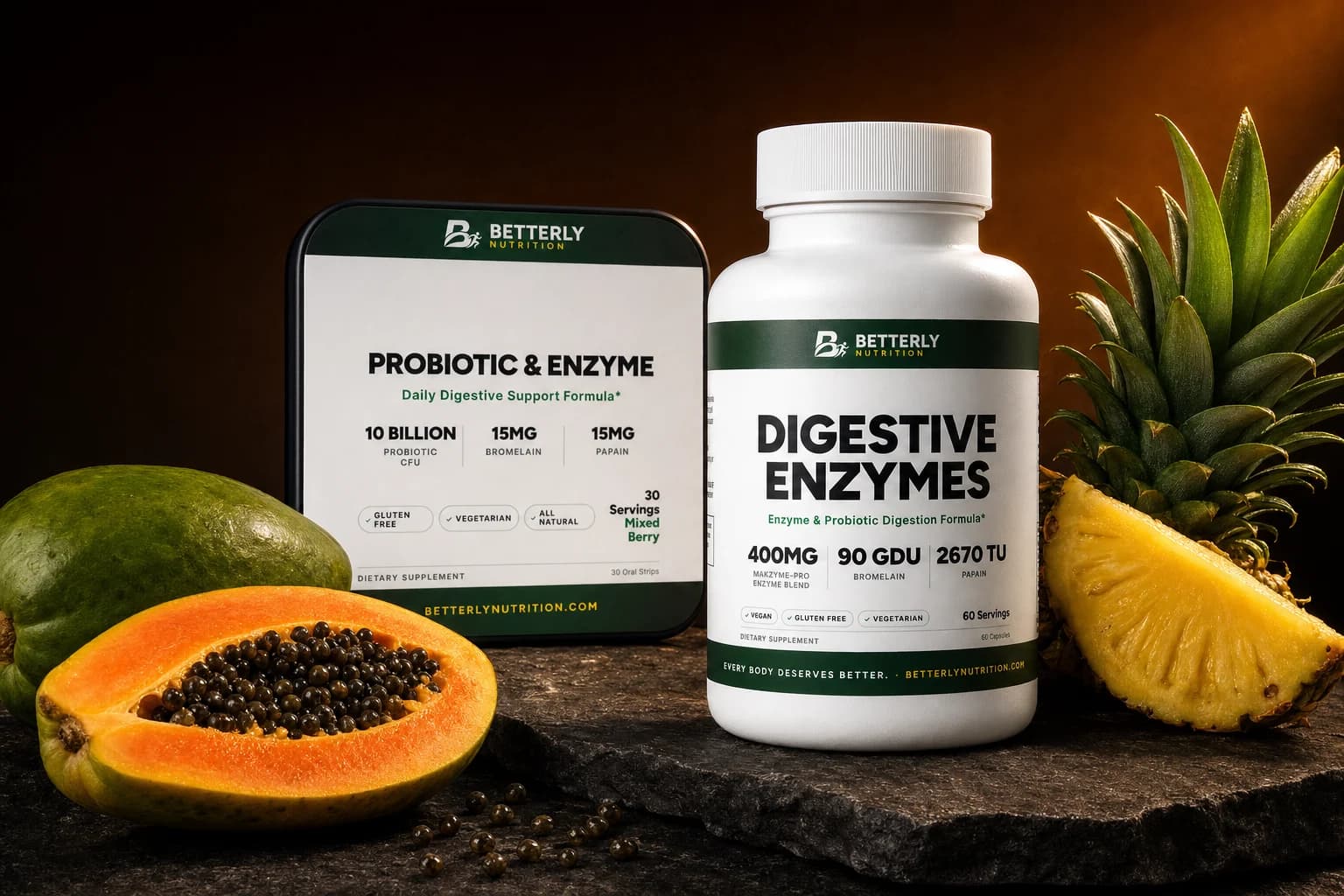 Digestive Enzymes bottle and Probiotic & Enzyme strip box on dark stone beside a halved papaya, a green papaya and a pineapple wedge