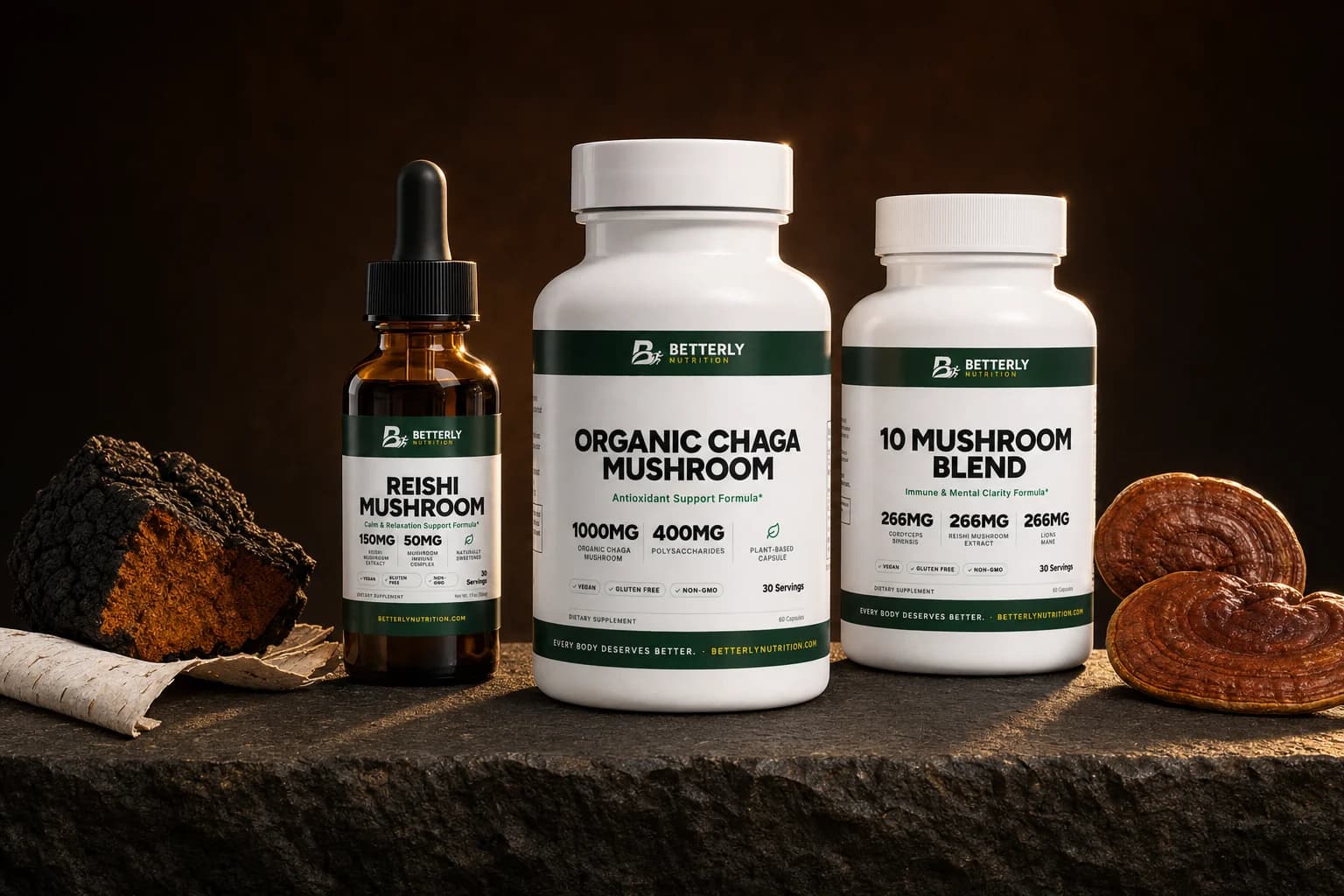 Reishi Mushroom drops, Organic Chaga Mushroom and 10 Mushroom Blend bottles on dark stone by a chaga chunk, birch bark and reishi caps