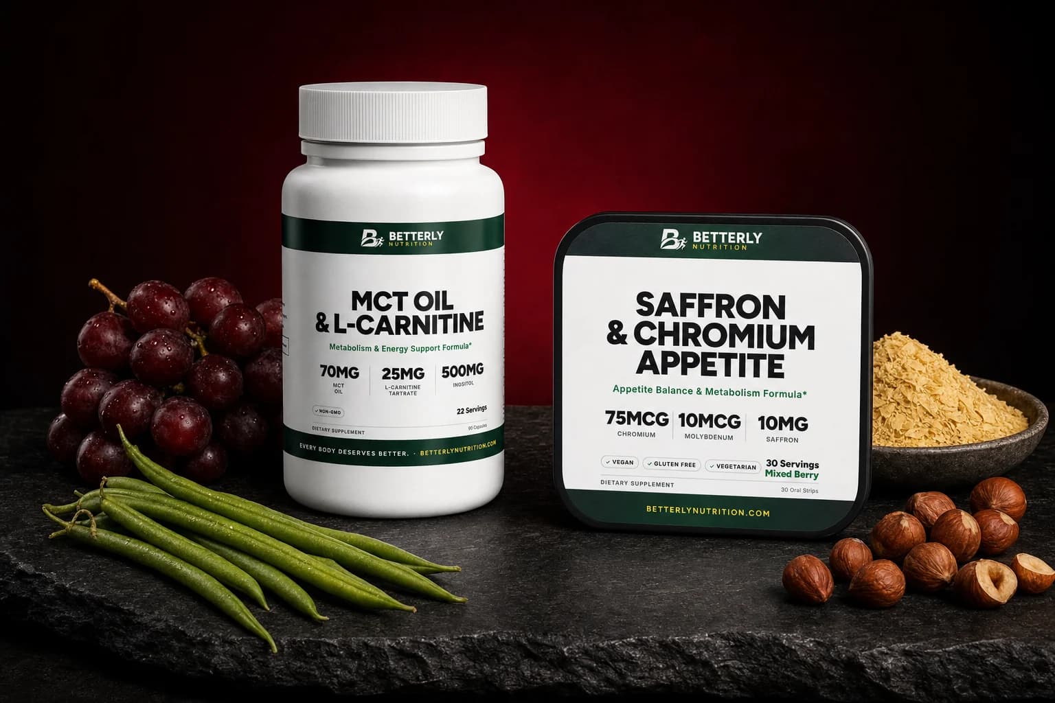MCT Oil & L-Carnitine bottle and Saffron & Chromium Appetite tin on dark slate with red grapes, green beans, yeast flakes and hazelnuts