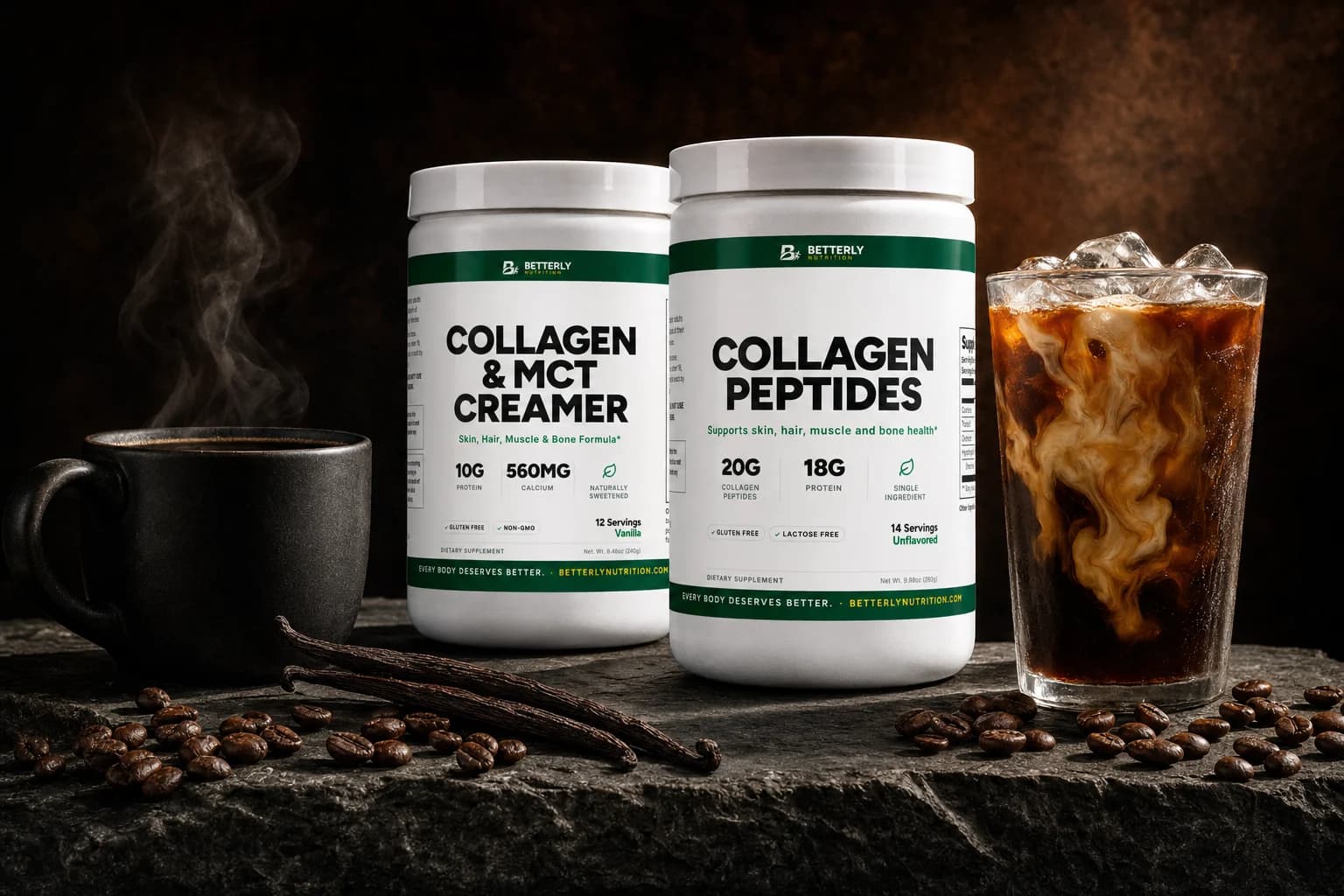 Collagen Peptides and Collagen & MCT Creamer tubs on dark stone between a steaming black mug of coffee and an iced coffee with milk