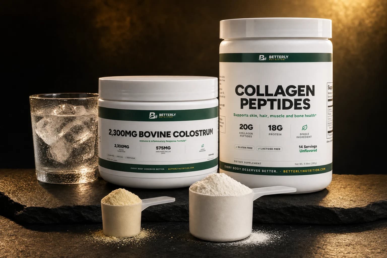 2,300mg Bovine Colostrum tub and taller Collagen Peptides tub on dark slate, with scoops of golden and white powder and iced water