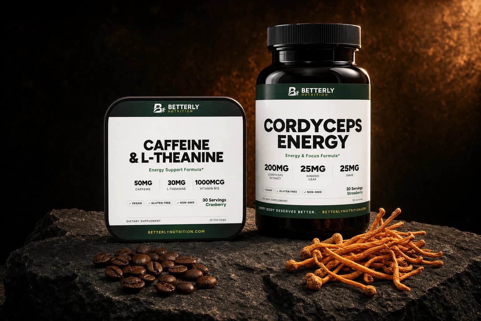 Caffeine & L-Theanine strip tin and Cordyceps Energy gummy bottle on dark stone beside coffee beans and dried orange cordyceps stalks