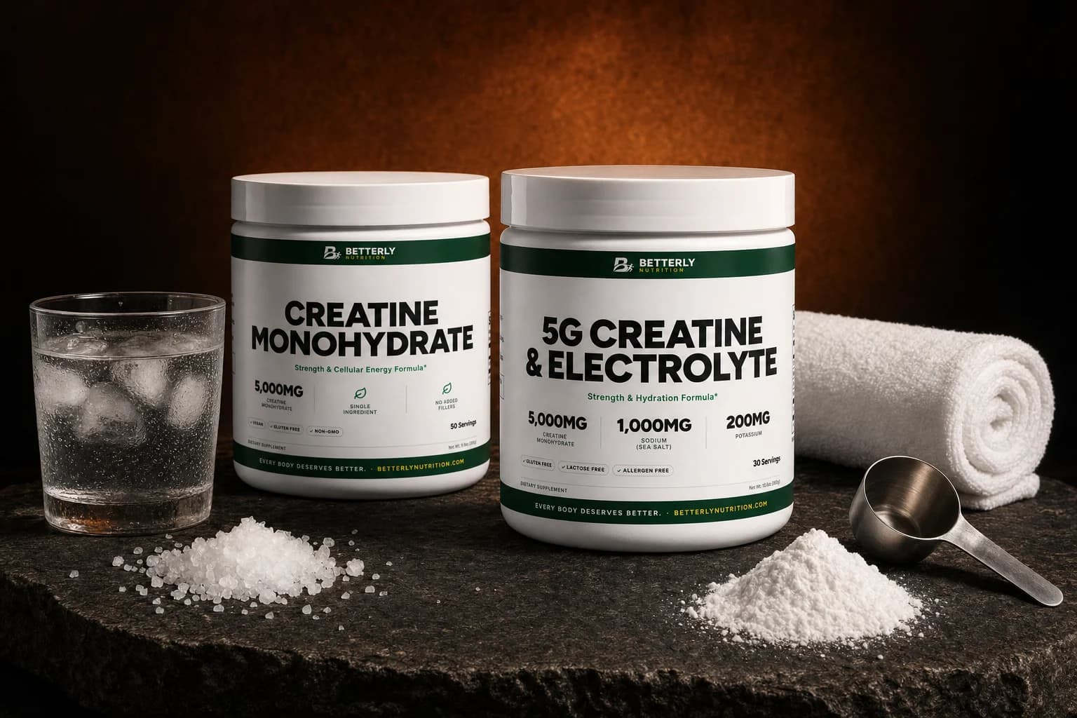 Creatine Monohydrate and 5g Creatine & Electrolyte tubs on dark stone with iced water, sea salt, white powder, a steel scoop and a towel
