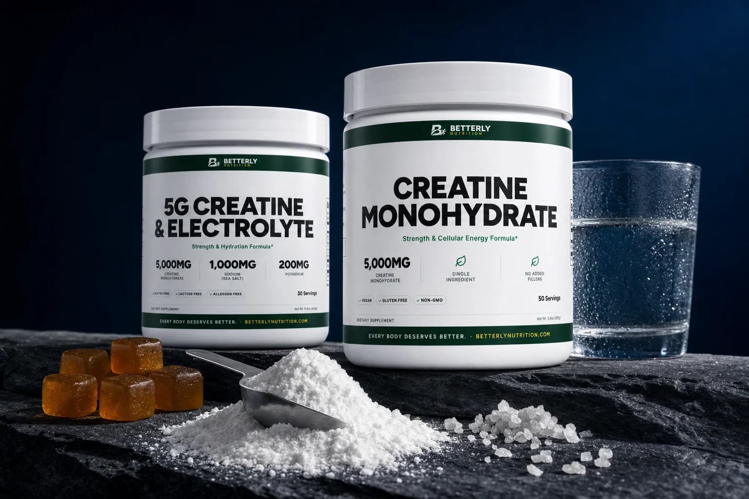 Creatine Monohydrate Powder and 5g Creatine & Electrolyte Powder tubs on dark slate with scooped white powder, amber gummies and water