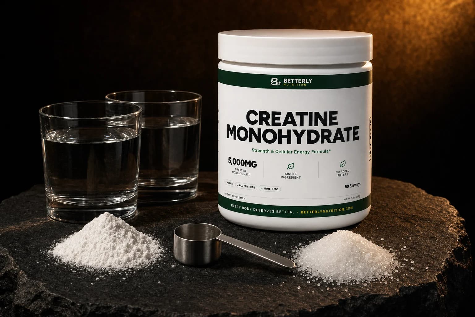 Creatine Monohydrate Powder tub on dark stone beside two glasses of water, a steel scoop and two mounds of white powder in amber light