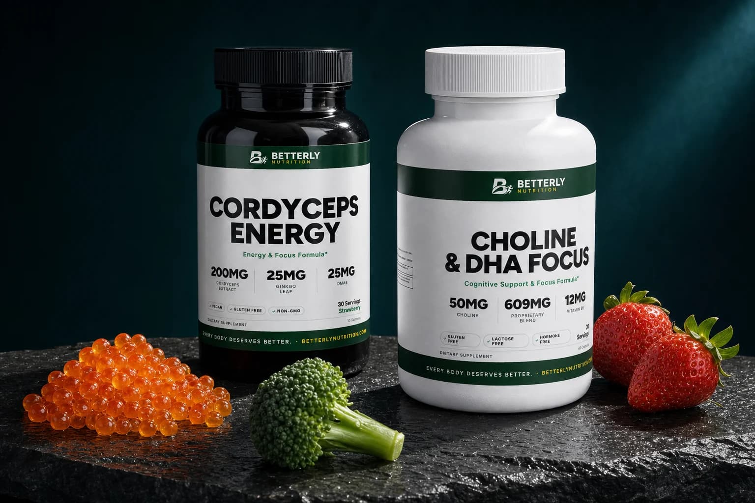 Cordyceps Energy gummy jar and Choline & DHA Focus bottle on wet dark slate with salmon roe, a broccoli floret and two strawberries