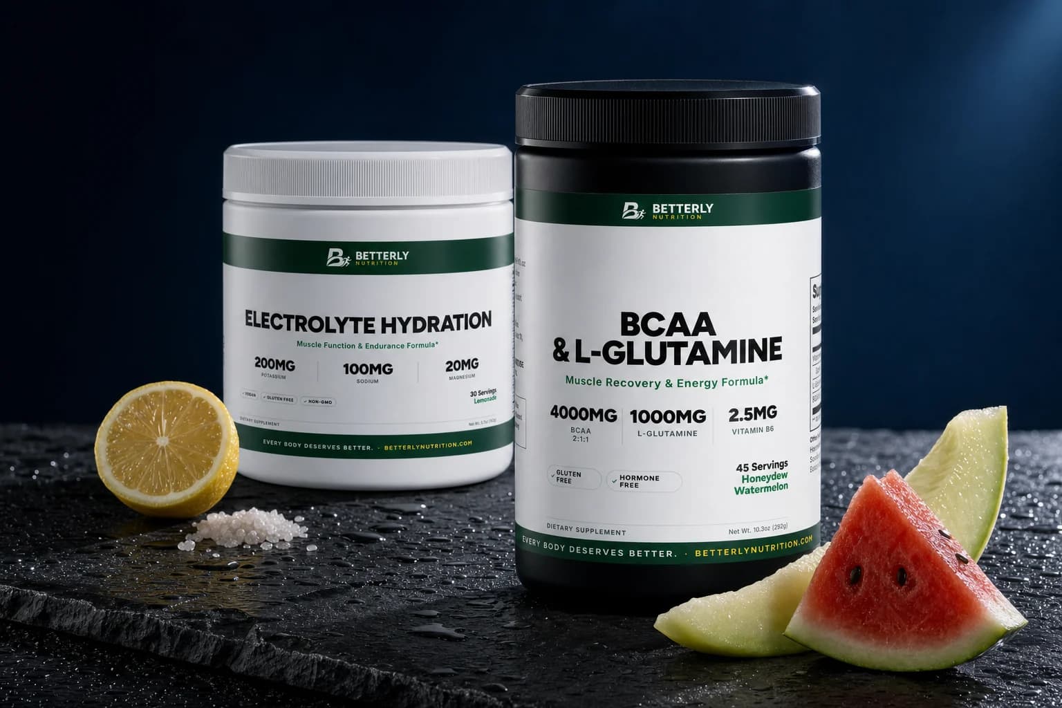 Black BCAA & L-Glutamine tub beside a white Electrolyte Hydration tub on wet dark slate, with lemon, sea salt, honeydew and watermelon
