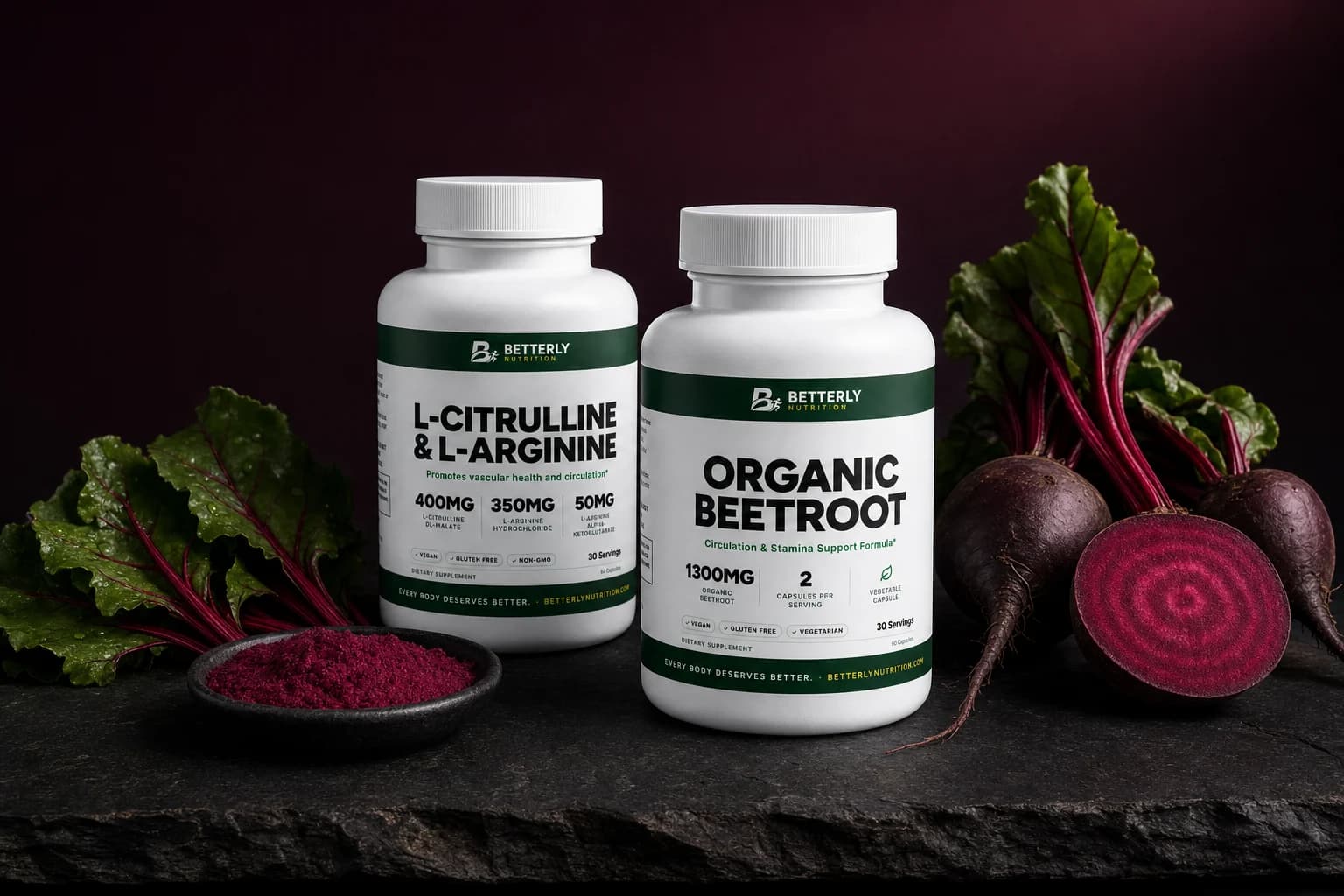 Organic Beetroot Capsules and L-Citrulline & L-Arginine Capsules on dark slate beside beet powder, beet greens and whole and halved beets