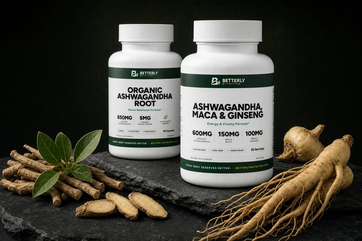 Ashwagandha, Maca & Ginseng and Organic Ashwagandha Root bottles on dark slate beside dried ashwagandha roots and ginseng roots