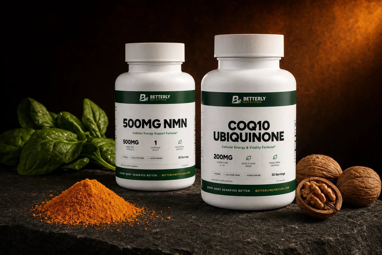 500mg NMN Capsules and CoQ10 Ubiquinone Capsules bottles on dark stone beside orange powder, spinach leaves and walnuts