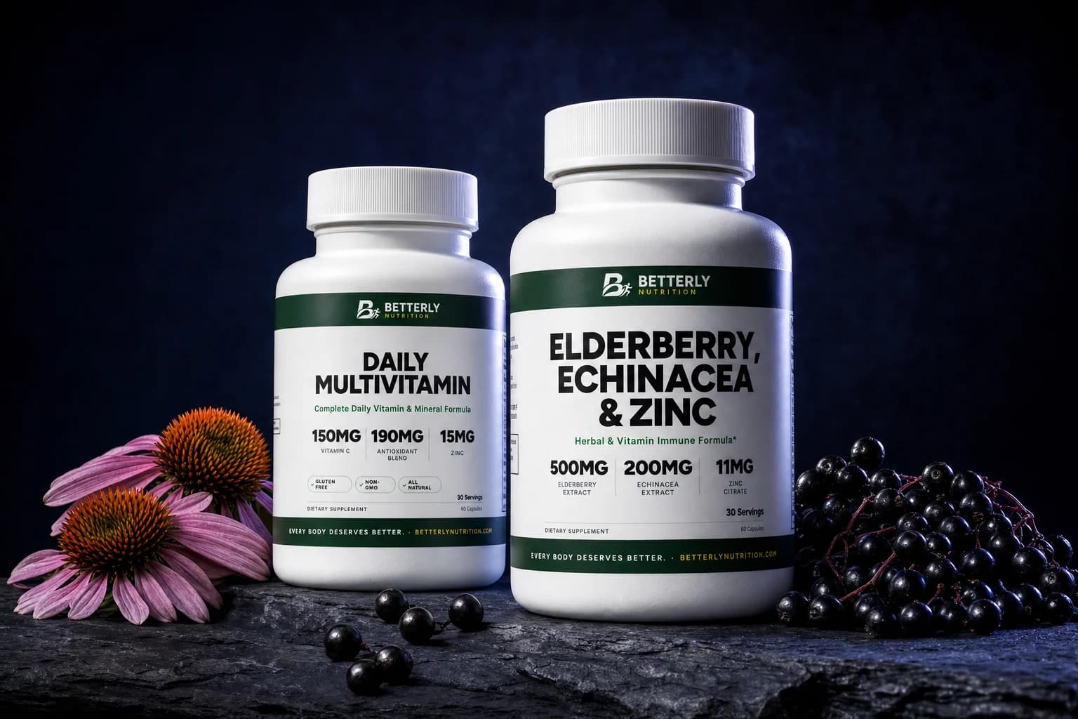 Elderberry, Echinacea & Zinc and Daily Multivitamin bottles on dark slate between purple coneflowers and a pile of black elderberries