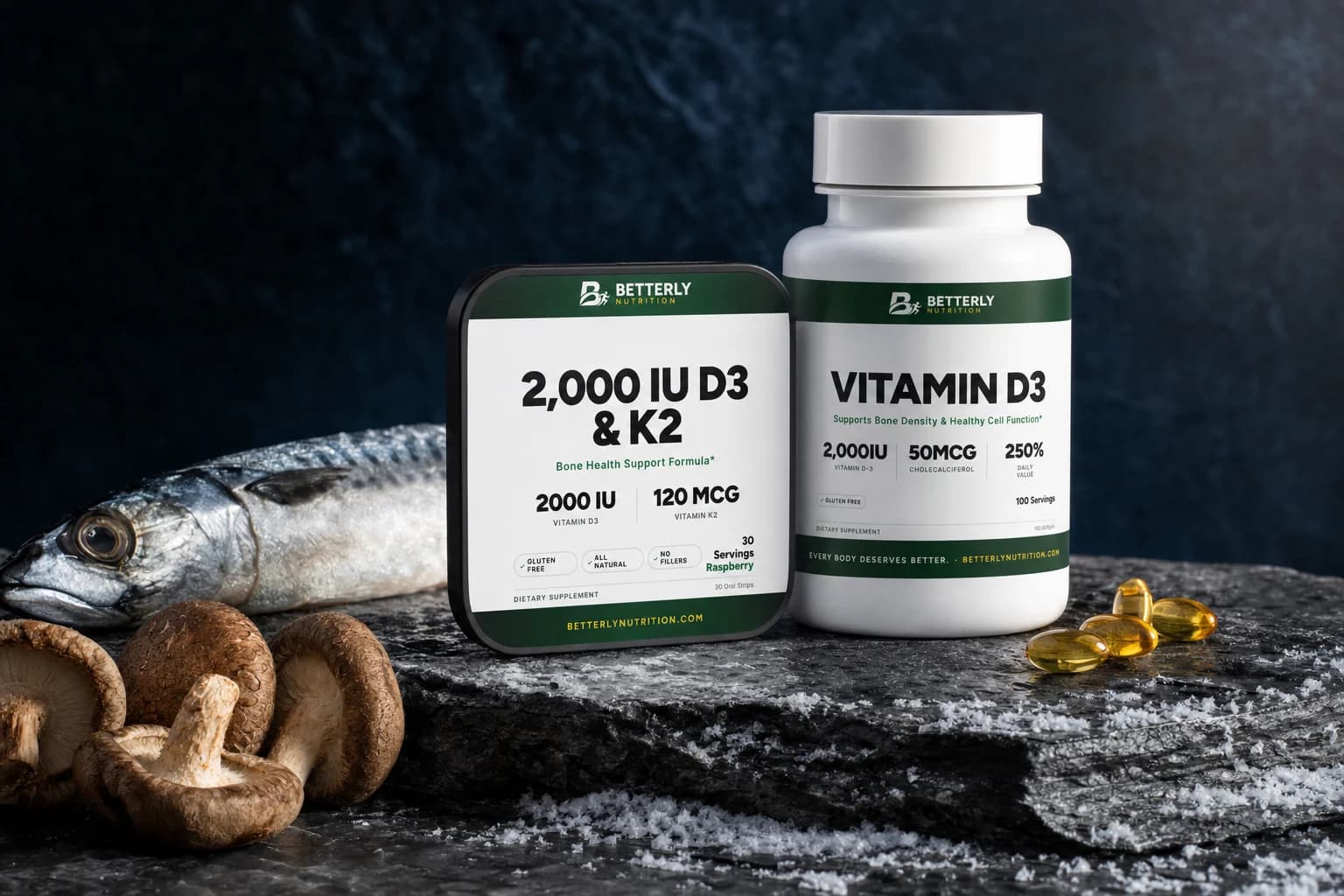 Vitamin D3 bottle and 2,000 IU D3 & K2 strips tin on frosted dark slate beside a raw mackerel, shiitake mushrooms and softgels