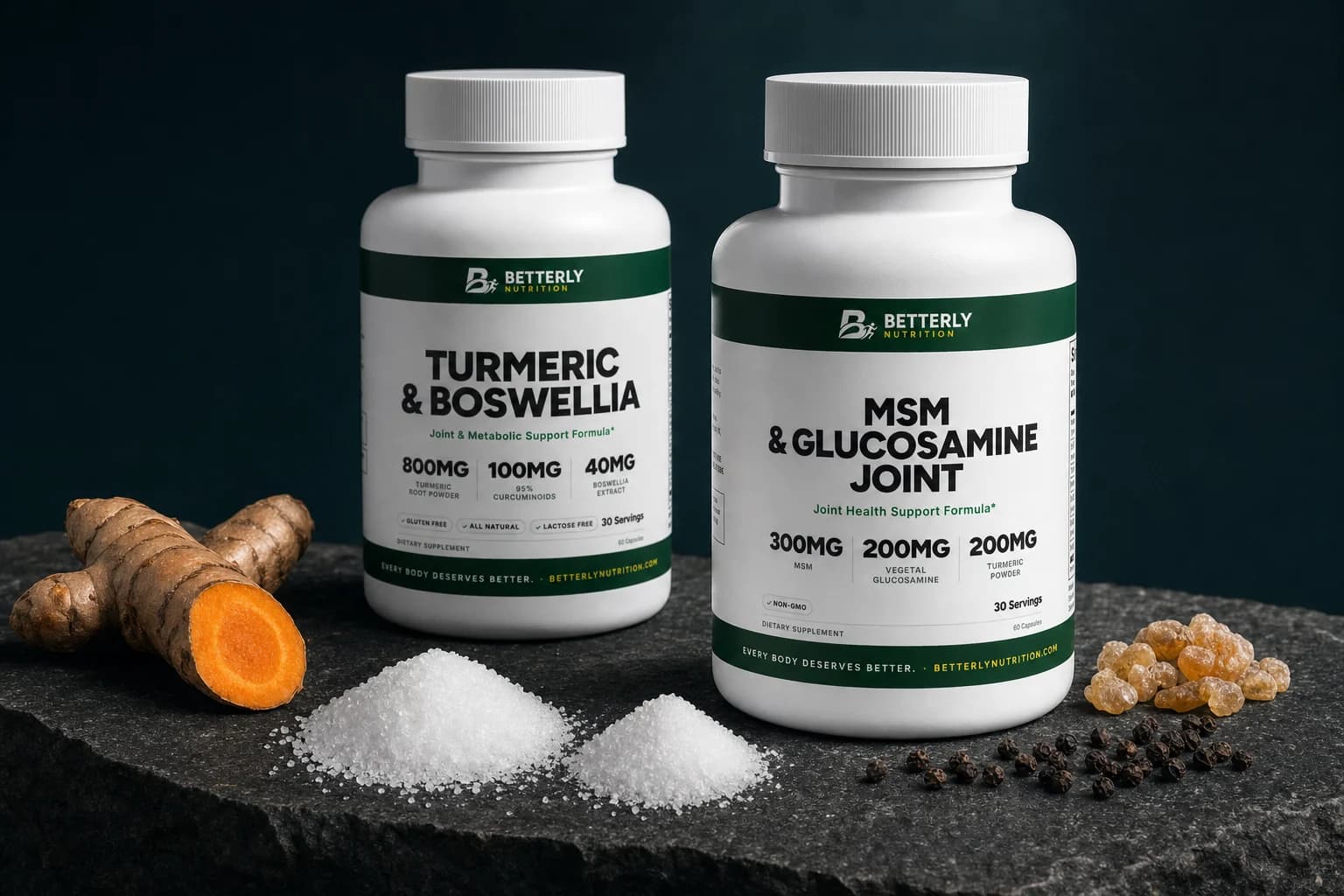 MSM & Glucosamine Joint and Turmeric & Boswellia bottles on dark stone with two heaps of white powder, cut turmeric root and resin