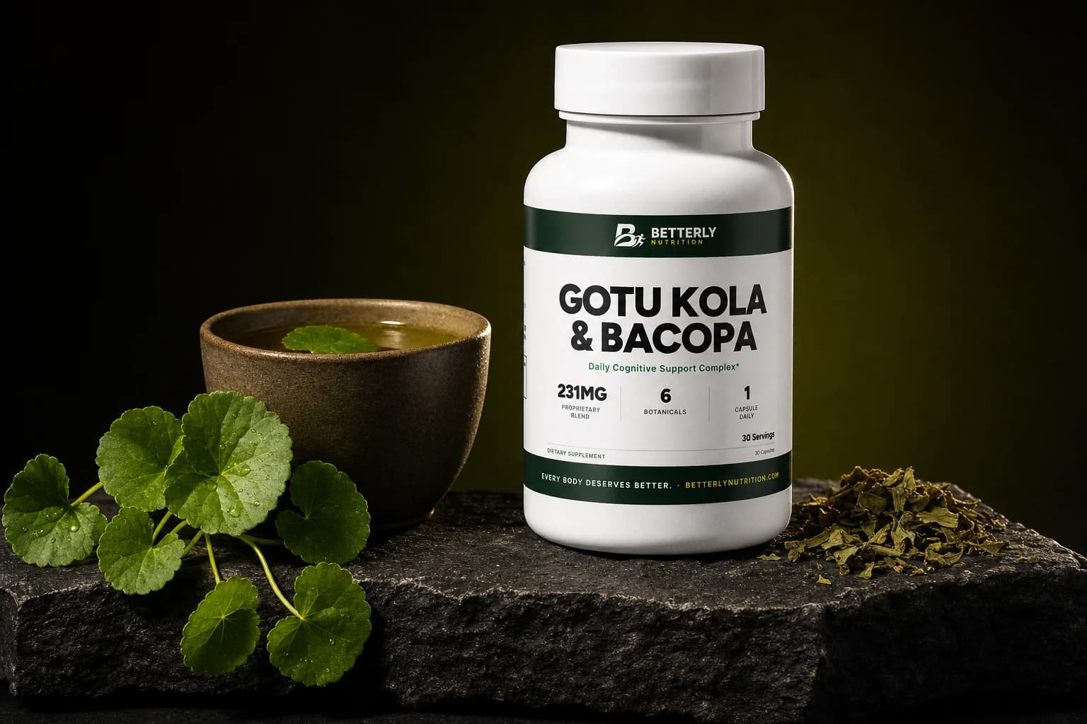 Gotu Kola & Bacopa capsule bottle on dark stone beside fresh gotu kola leaves, a clay cup of herbal tea and crumbled dried leaf