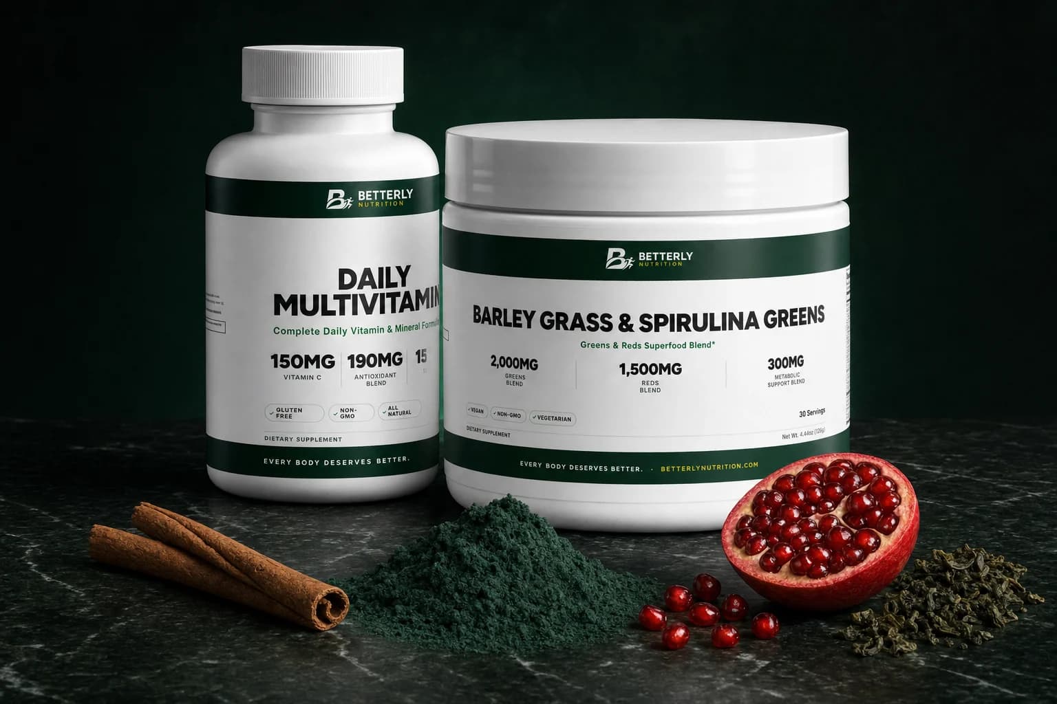Daily Multivitamin bottle beside a Barley Grass & Spirulina Greens tub on dark marble, with cinnamon, spirulina, pomegranate and green tea
