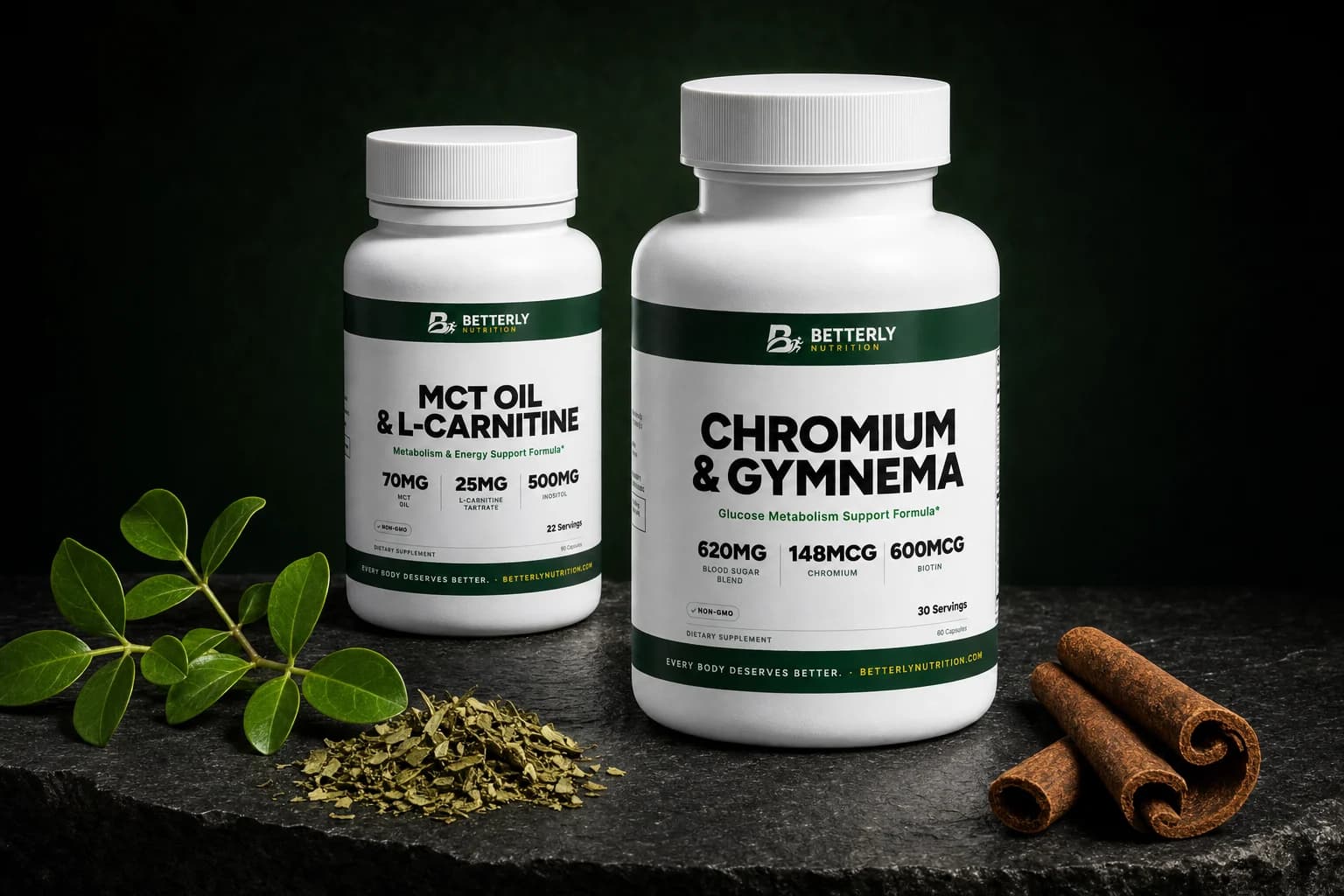 Chromium & Gymnema and MCT Oil & L-Carnitine capsule bottles on dark stone with a green leaf sprig, crushed dried leaf and cinnamon bark