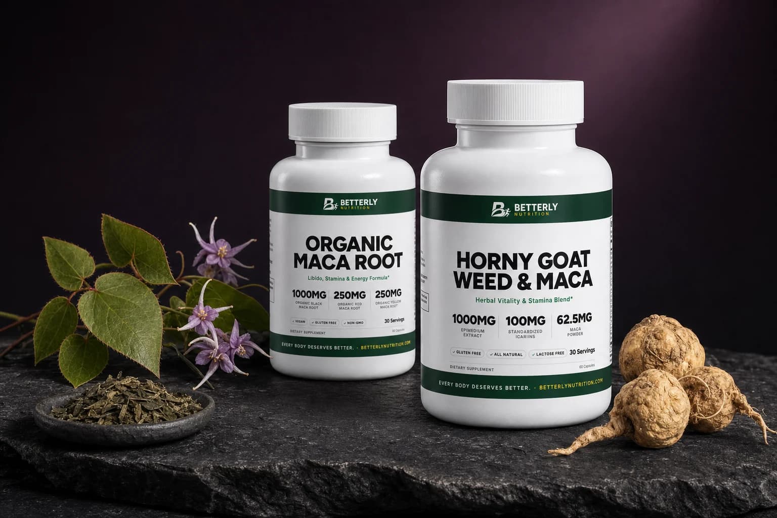 Horny Goat Weed & Maca Capsules and Organic Maca Root Capsules on dark slate with violet Epimedium flowers, dried leaf and maca roots