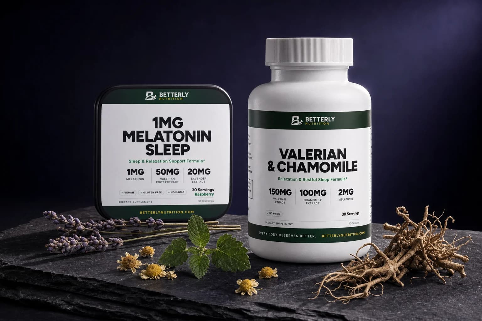 Valerian & Chamomile Sleep Capsules bottle beside a 1mg Melatonin Sleep Strips tin on dark slate with valerian root, lavender and chamomile