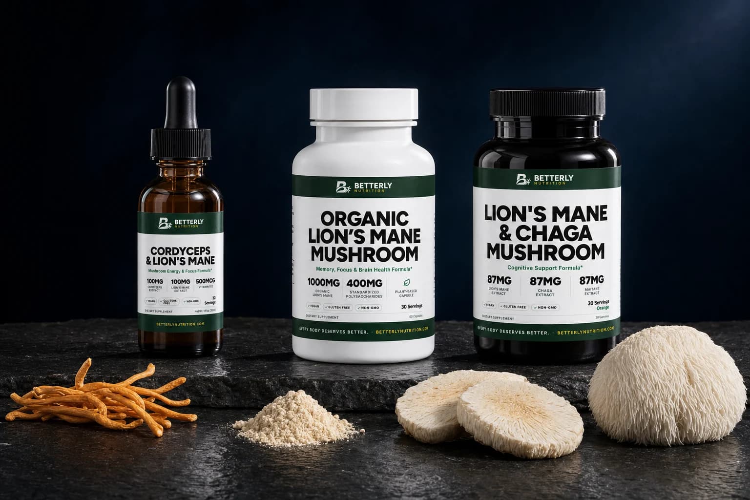 Cordyceps & Lion's Mane drops, Lion's Mane capsules and Lion's Mane & Chaga gummies on dark stone with cordyceps and lion's mane