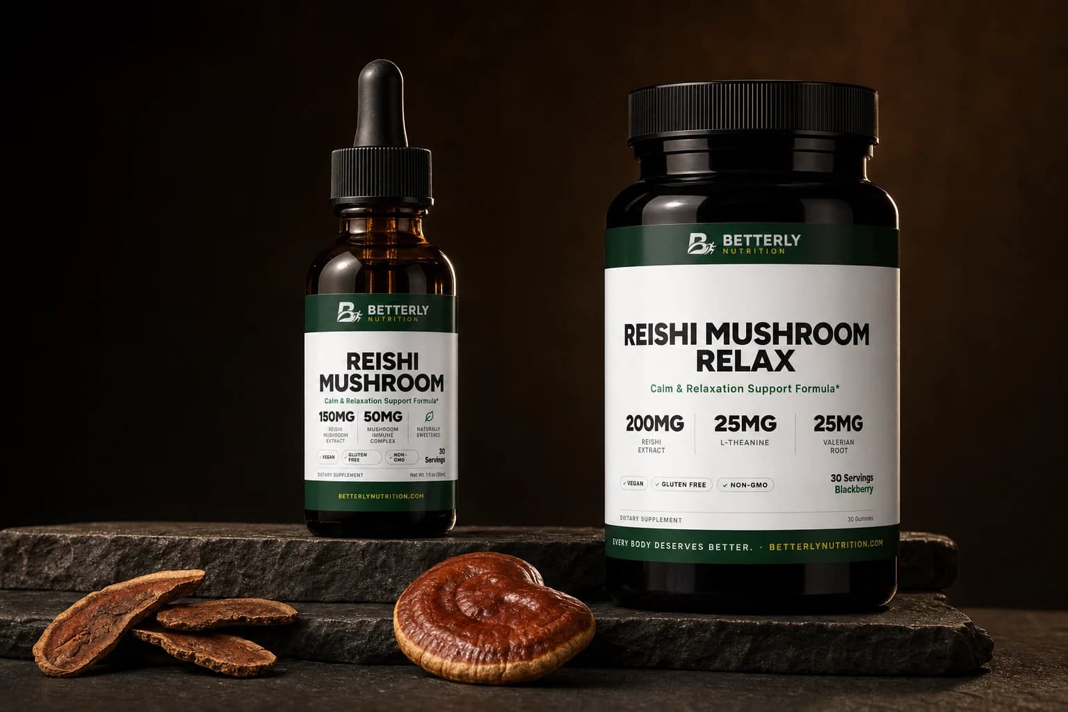 Reishi Mushroom Calm Drops bottle and Reishi Mushroom Relax gummy jar on stepped dark slate, with a reishi cap and dried slices in front