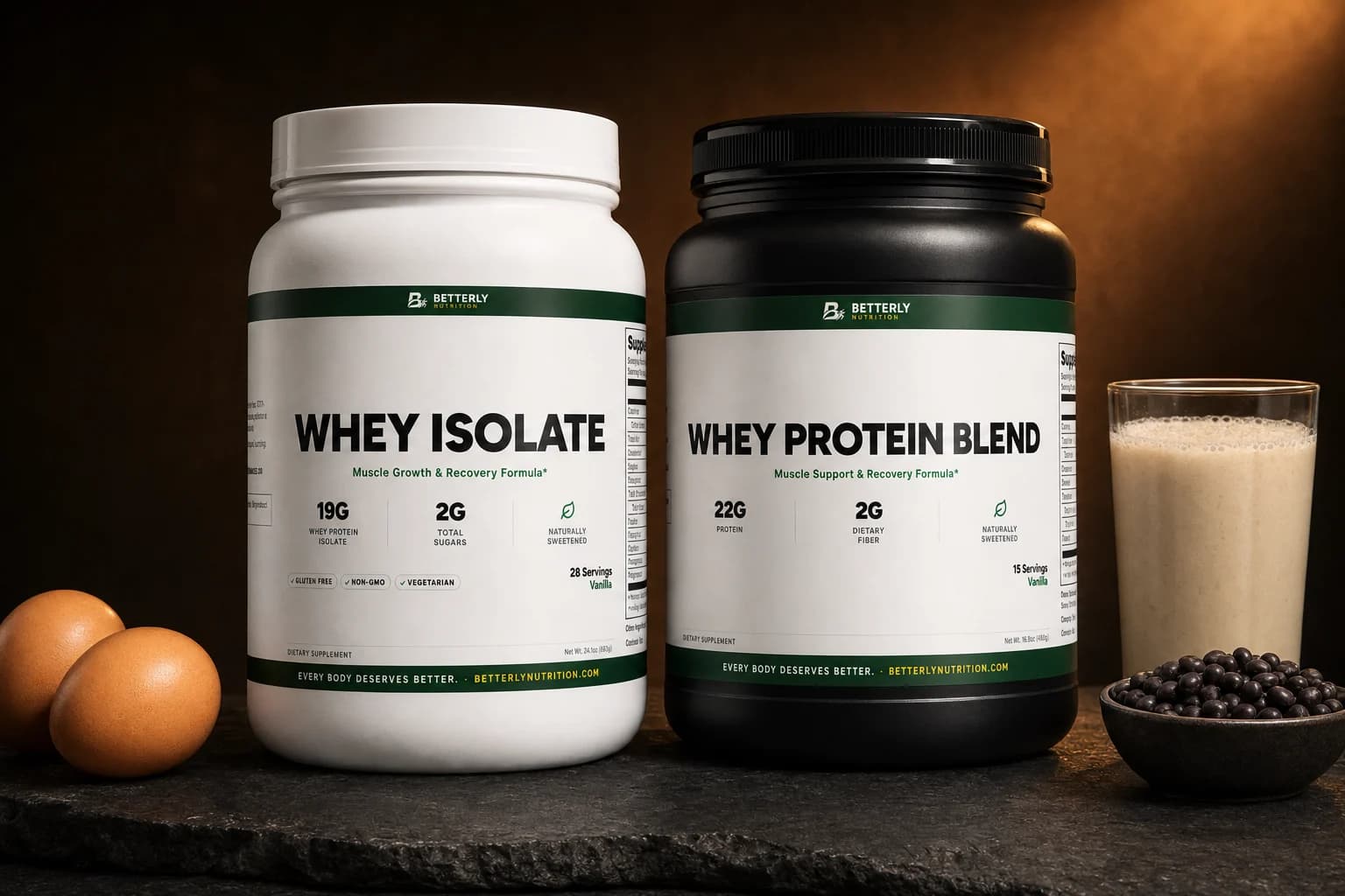 White Whey Isolate and black Whey Protein Blend vanilla tubs on dark stone, two brown eggs at left, black beans and a pale shake at right