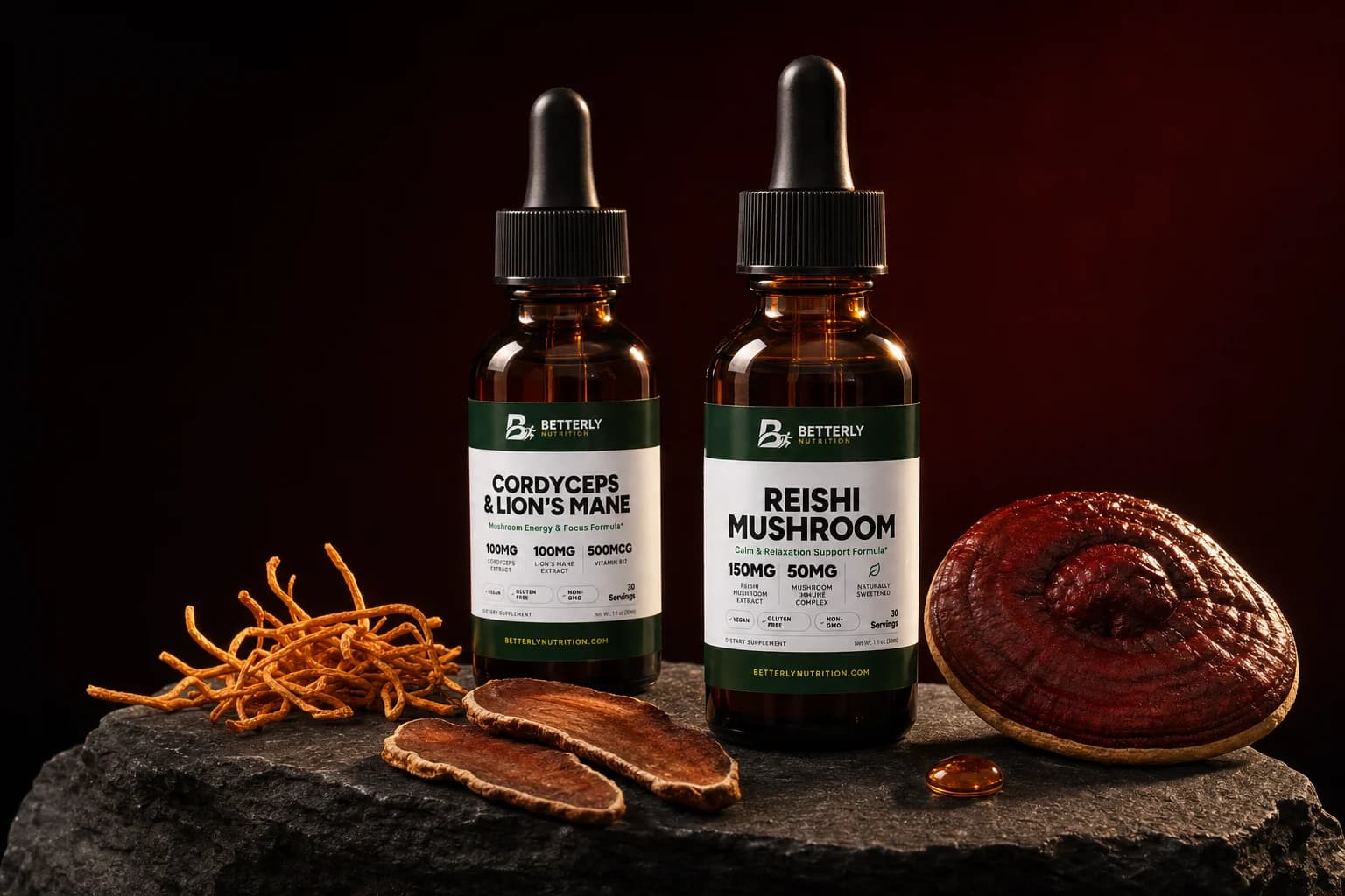 Reishi Mushroom and Cordyceps & Lion's Mane amber dropper bottles on dark slate with a glossy reishi cap, two reishi slices and cordyceps