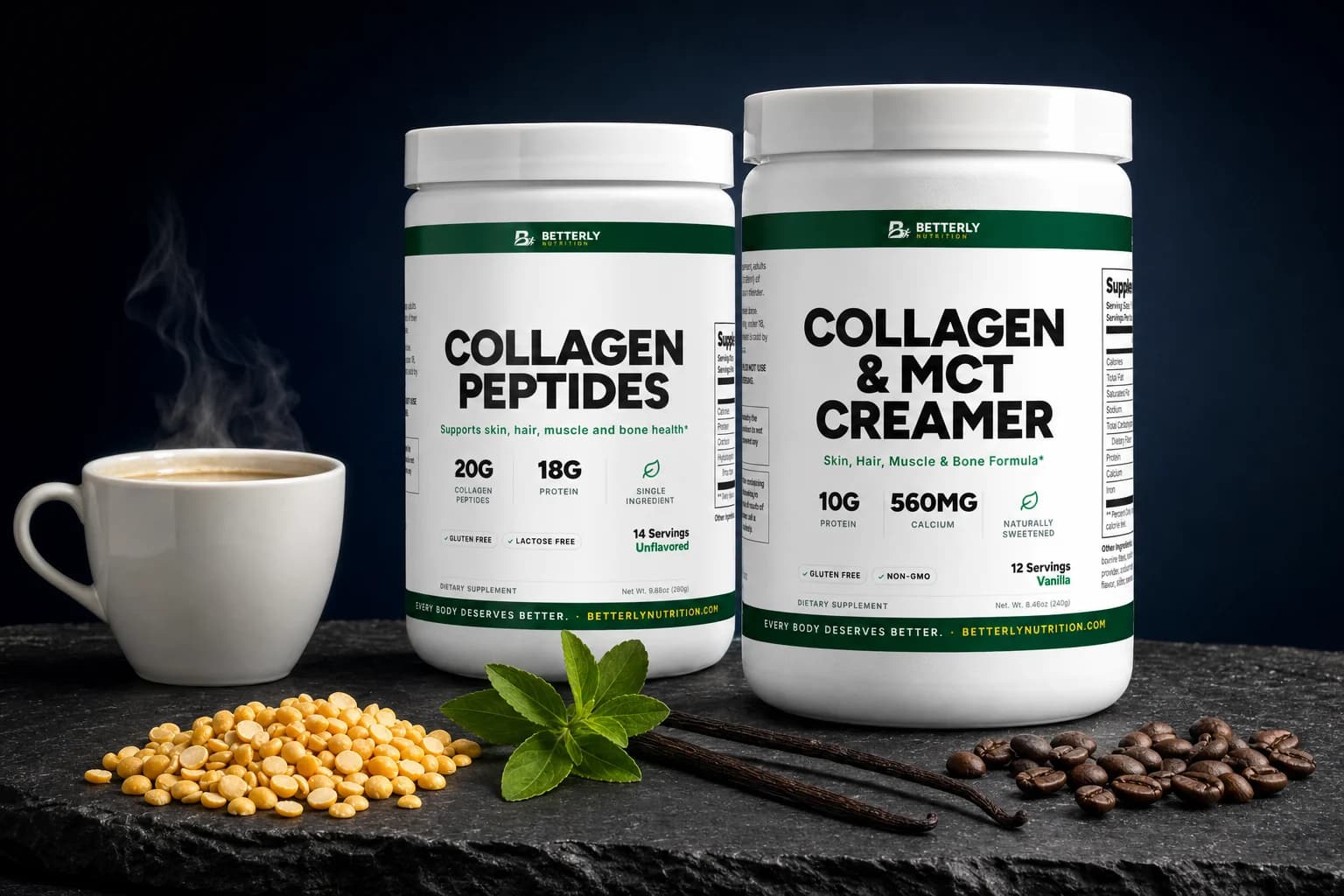Collagen & MCT Creamer and Collagen Peptides tubs on dark slate beside steaming coffee, split peas, stevia, vanilla pods and coffee beans