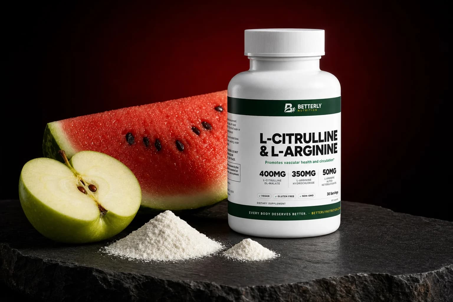 L-Citrulline & L-Arginine Capsules bottle on dark slate by a watermelon wedge, a halved green apple and two mounds of white powder