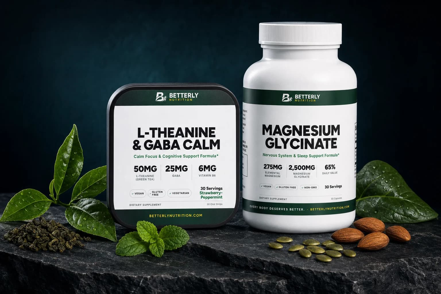 L-Theanine & GABA Calm Strips tin and Magnesium Glycinate Capsules bottle on dark stone with tea leaves, mint, pumpkin seeds and almonds