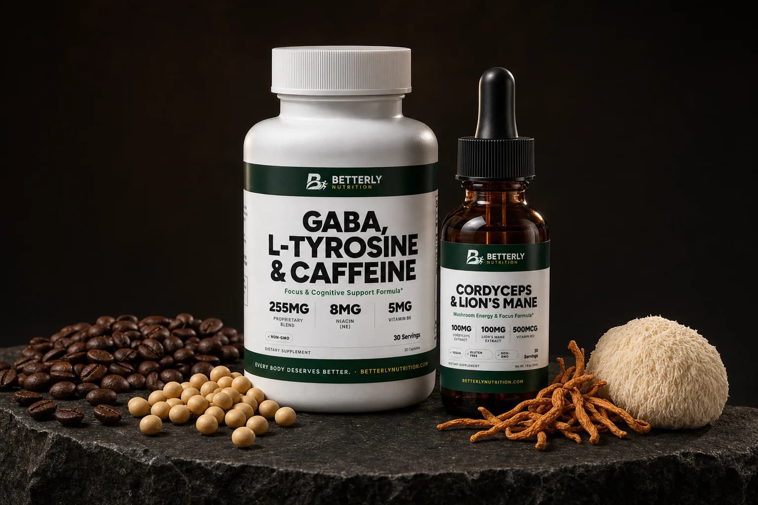 GABA, L-Tyrosine & Caffeine capsule bottle and Cordyceps & Lion's Mane dropper on dark stone with coffee beans, soybeans and mushrooms