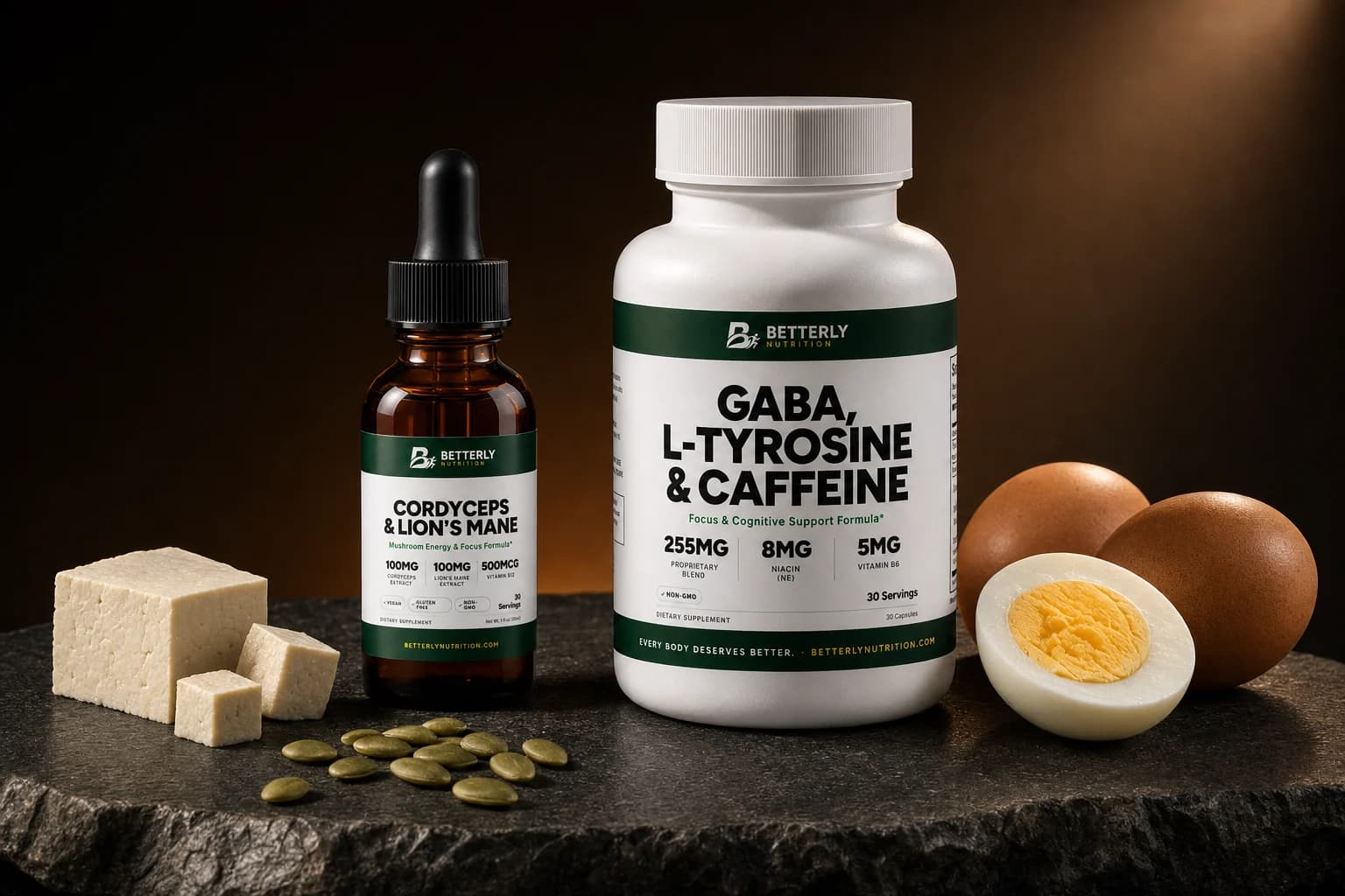 White GABA, L-Tyrosine & Caffeine bottle beside an amber Cordyceps & Lion's Mane dropper on dark stone with eggs, tofu and pumpkin seeds
