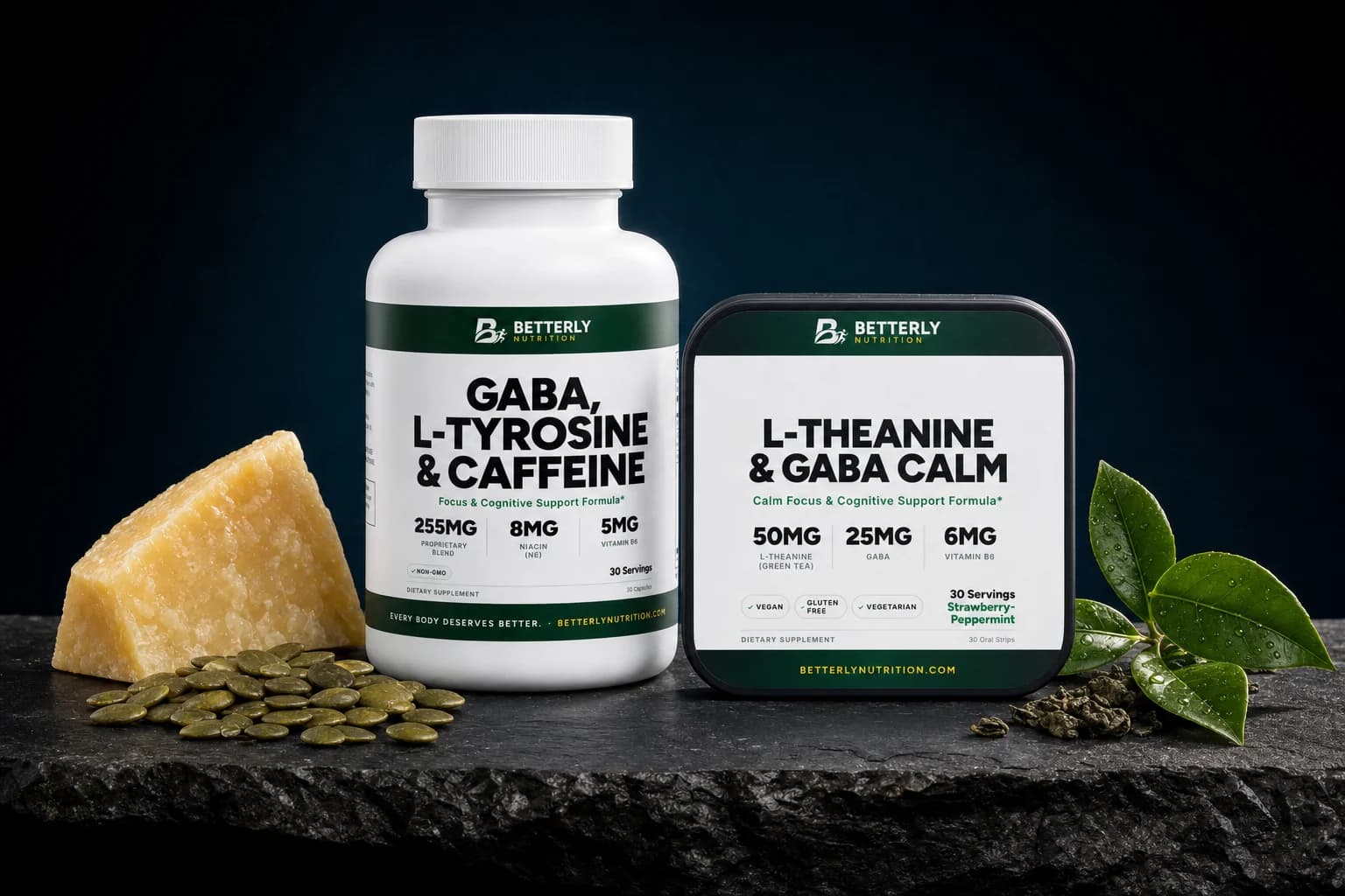 GABA, L-Tyrosine & Caffeine capsule bottle and L-Theanine & GABA Calm strips tin on slate with aged cheese, pumpkin seeds and tea leaves