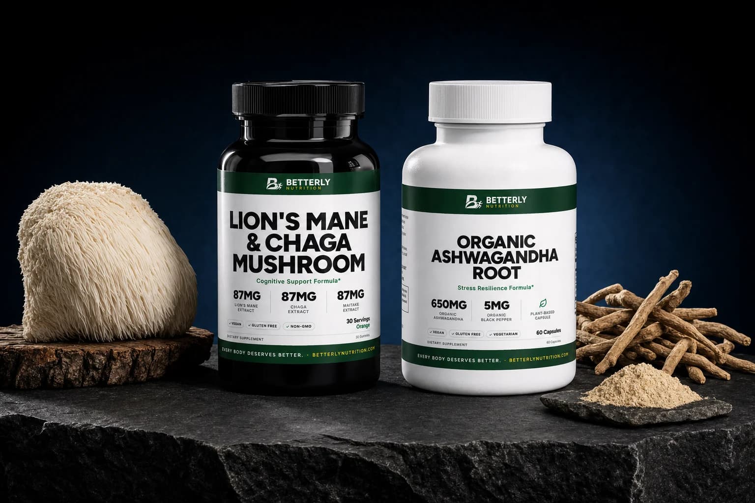 Lion's Mane & Chaga gummy bottle and Organic Ashwagandha Root capsules on dark stone, with a lion's mane mushroom and dried roots