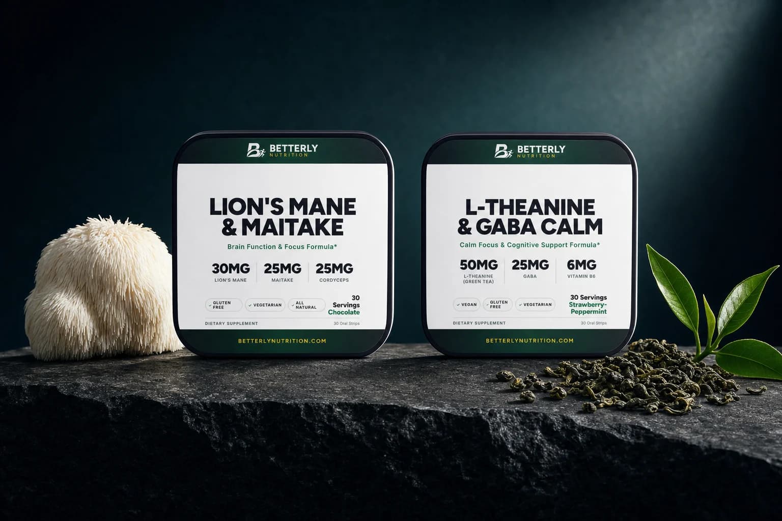 Lion's Mane & Maitake Focus Strips and L-Theanine & GABA Calm Strips on dark stone beside a lion's mane mushroom and rolled green tea