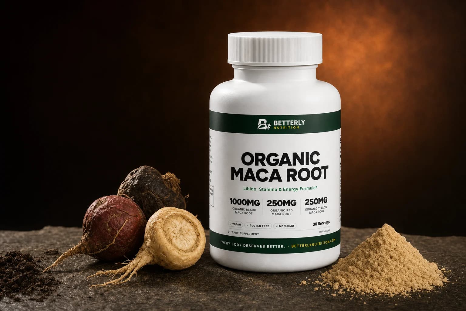 Organic Maca Root capsule bottle on dark stone, with red, black and cut cream maca roots at left and a mound of beige maca powder