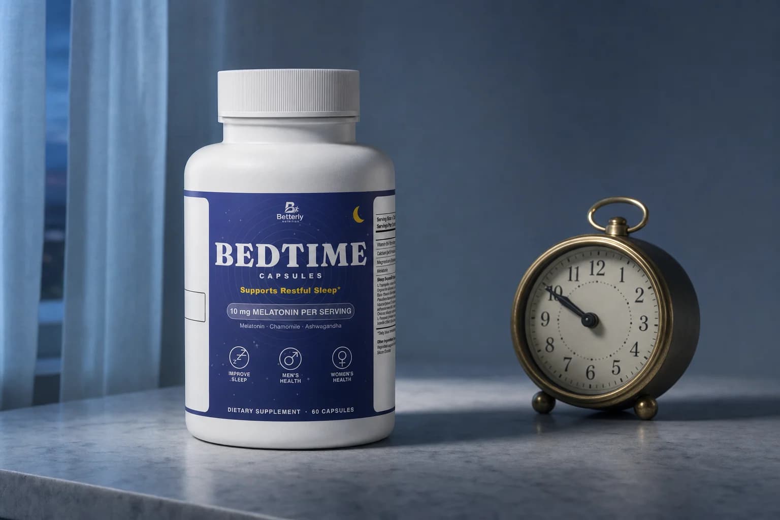 Betterly 10mg Melatonin Sleep Capsules bottle on a gray marble shelf beside a small analog alarm clock at dusk