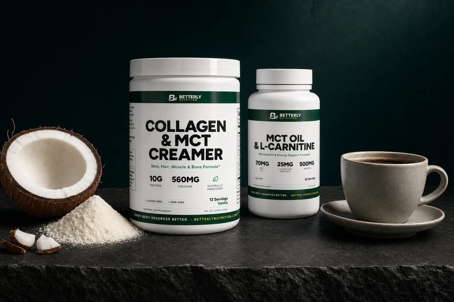 Collagen & MCT Creamer tub and MCT Oil & L-Carnitine bottle on dark stone between a halved coconut, white powder and black coffee