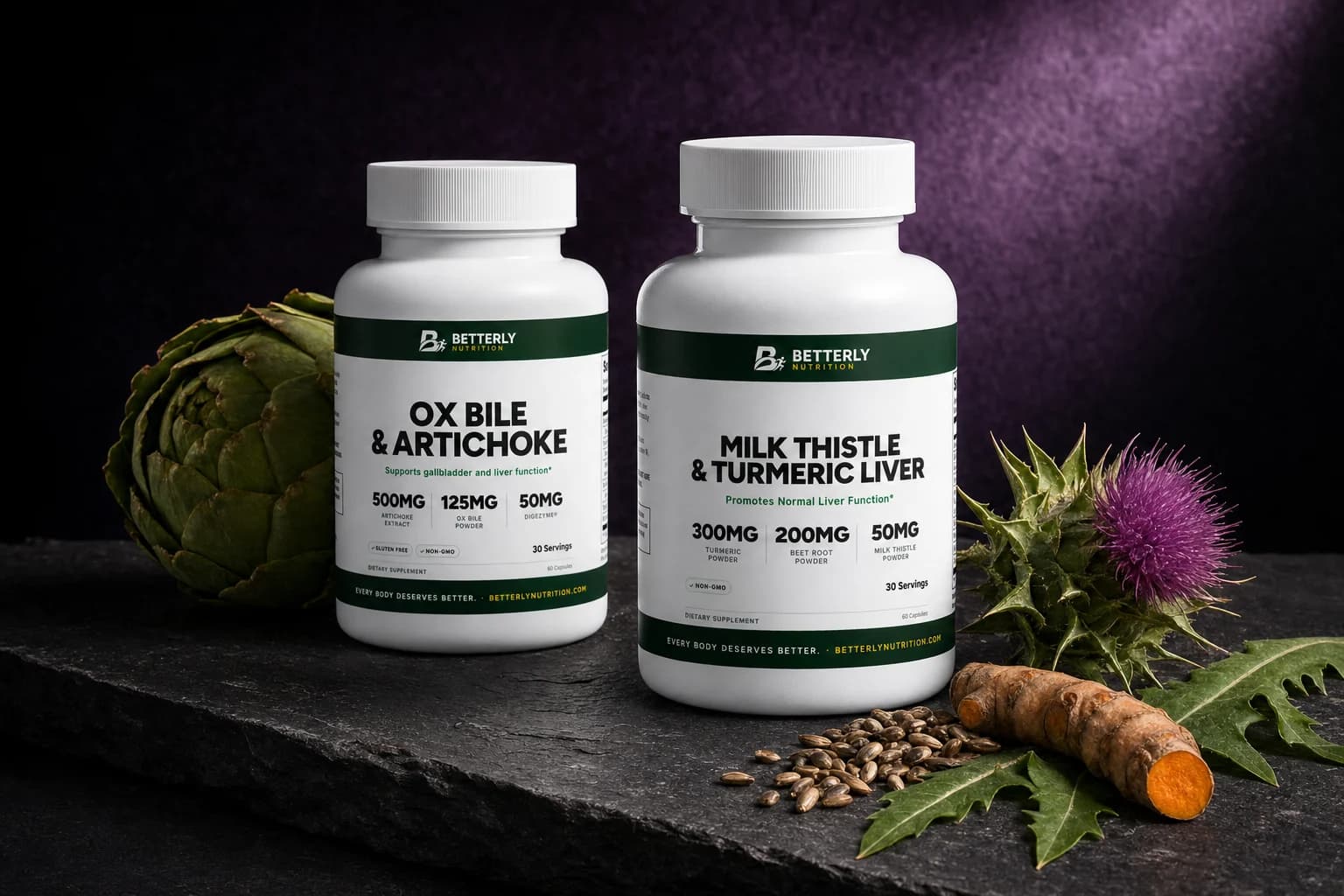 Ox Bile & Artichoke and Milk Thistle & Turmeric Liver bottles on dark slate with an artichoke, milk thistle flower, seeds and turmeric root
