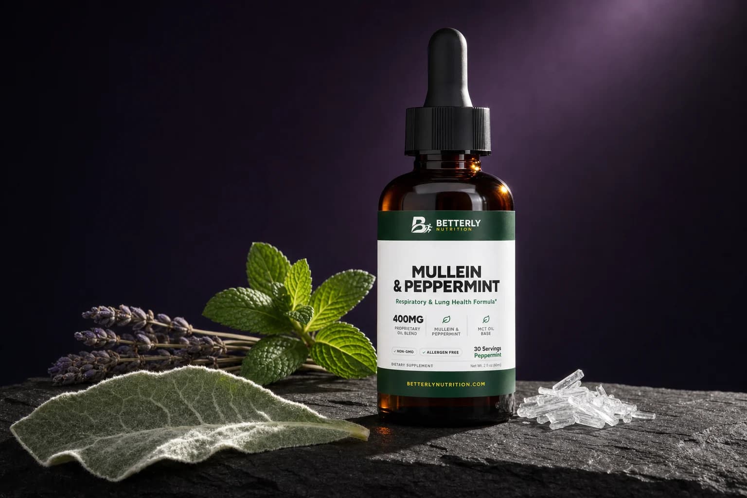 Mullein & Peppermint Oil Drops dropper bottle on dark stone beside a fuzzy mullein leaf, fresh mint, dried lavender and menthol crystals