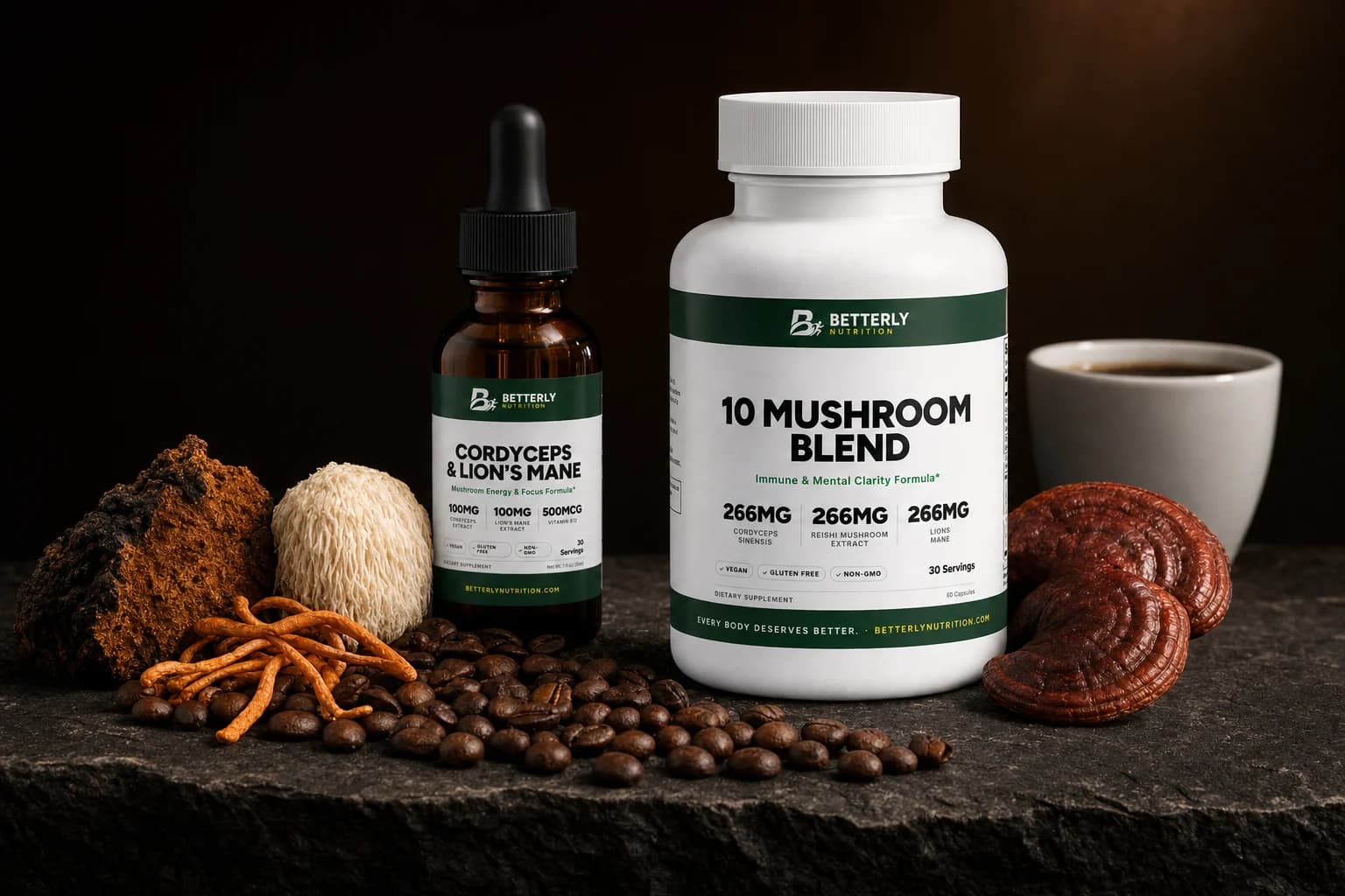 10 Mushroom Blend capsule bottle and Cordyceps & Lion's Mane dropper on dark stone with coffee beans, chaga, reishi and a white coffee cup