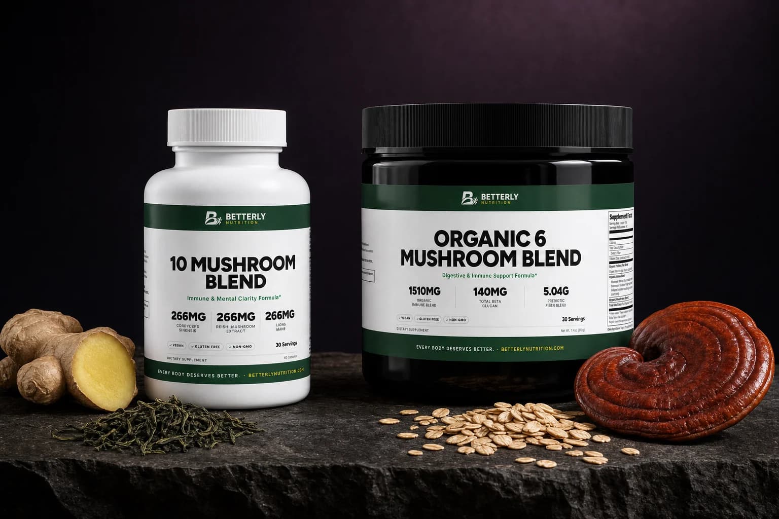 10 Mushroom Blend capsule bottle and Organic 6 Mushroom Blend tub on dark stone with cut ginger, green tea, rolled oats and reishi